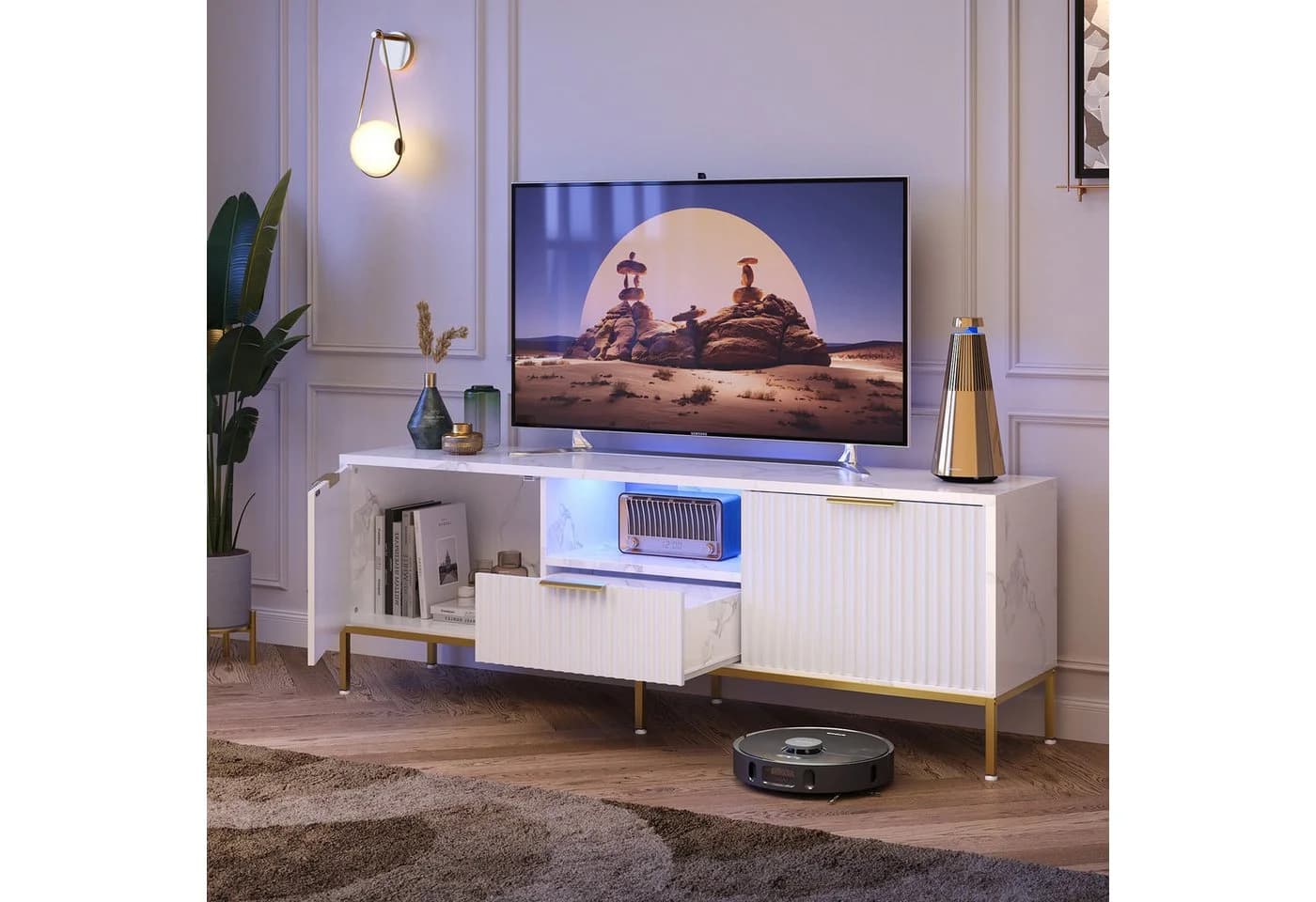 Bestier TV-Schrank Lowboard 65 Zoll Gold Glanz Wellenmuster - Bild 3