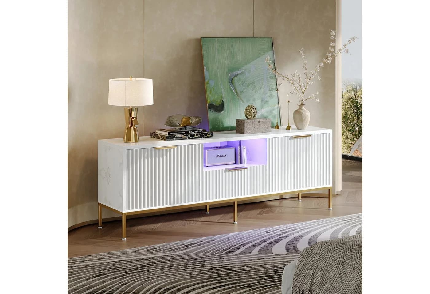 Bestier TV-Schrank Lowboard 65 Zoll Gold Glanz Wellenmuster - Bild 4