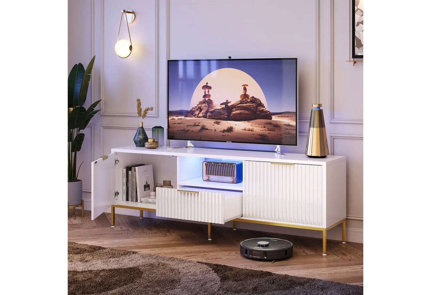 Bestier TV-Schrank Lowboard 65 Zoll Weiß Gold - Bild 4