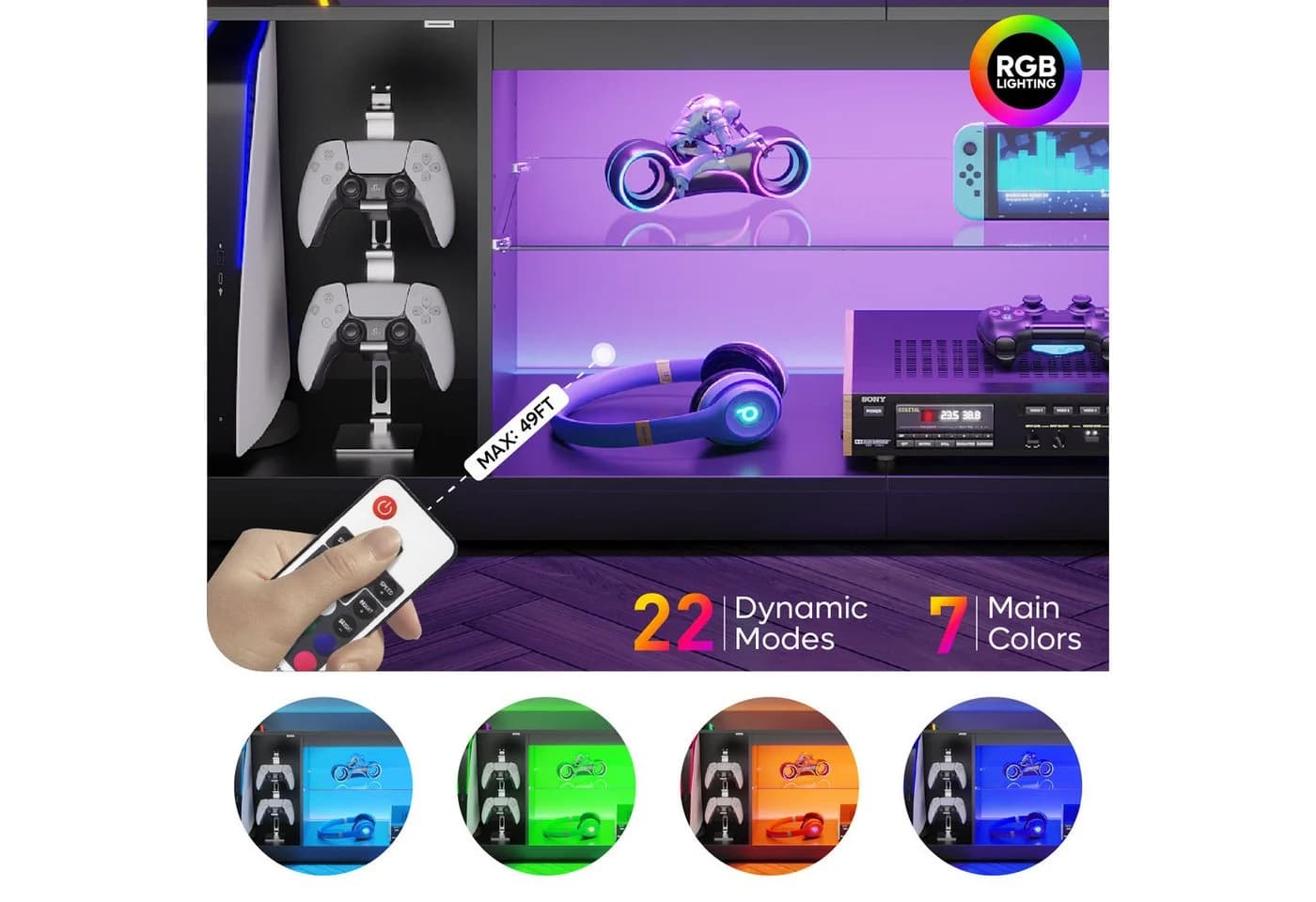 Bestier TV-Schrank Lowboard für 65 Zoll & kleinere TVs, RGB-LED-Beleuchtung - Bild 5