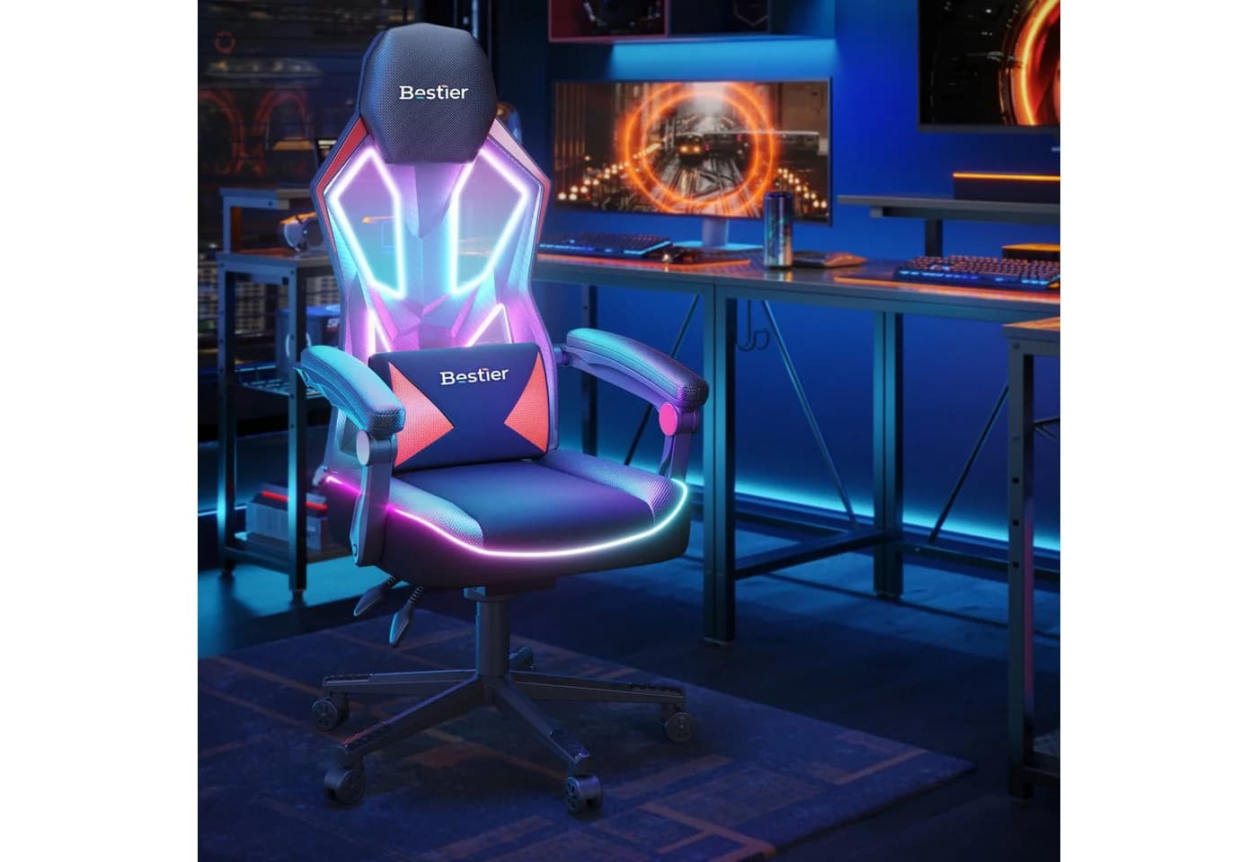 Bestier Gaming-Stuhl mit LED-Lichtleiste & Lendenwirbelstütze