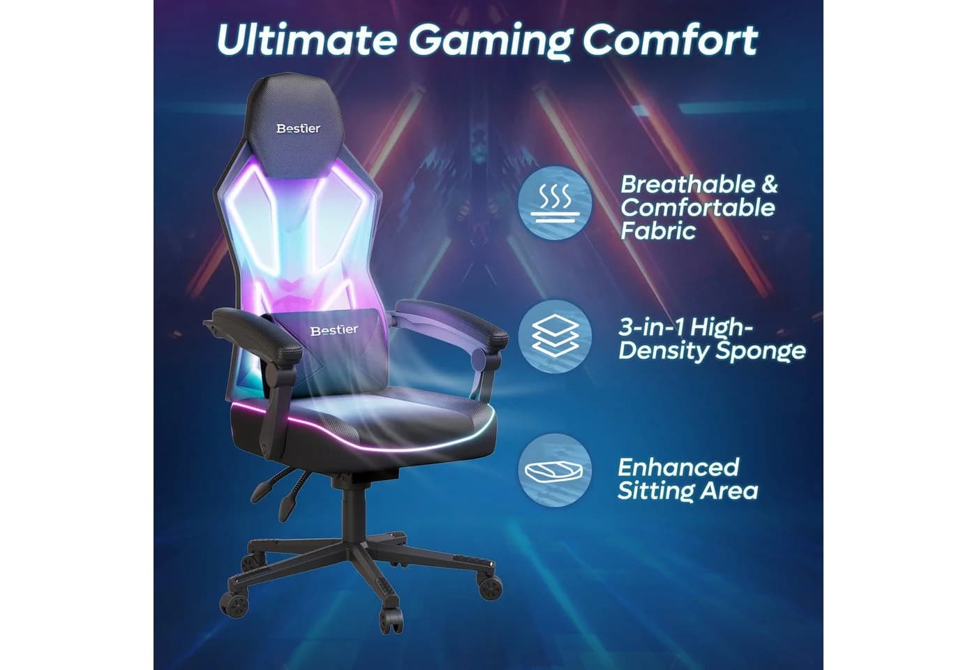 Bestier Gaming-Stuhl mit LED-Lichtleiste & Lendenwirbelstütze - Bild 4