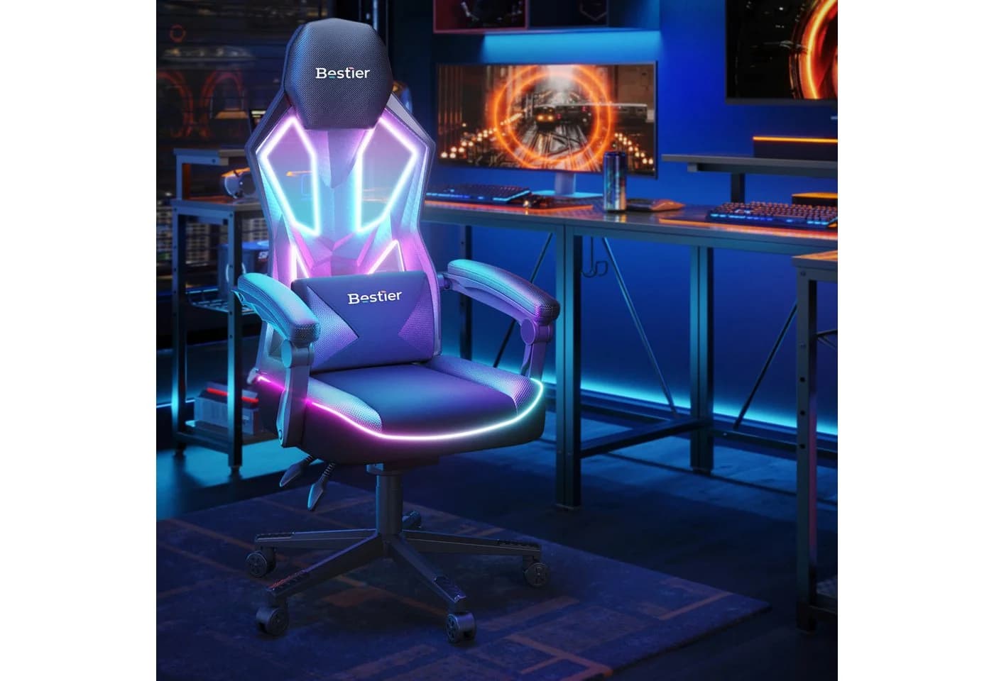 Bestier Gaming-Stuhl mit LED-Lichtleiste und Lendenwirbelstütze