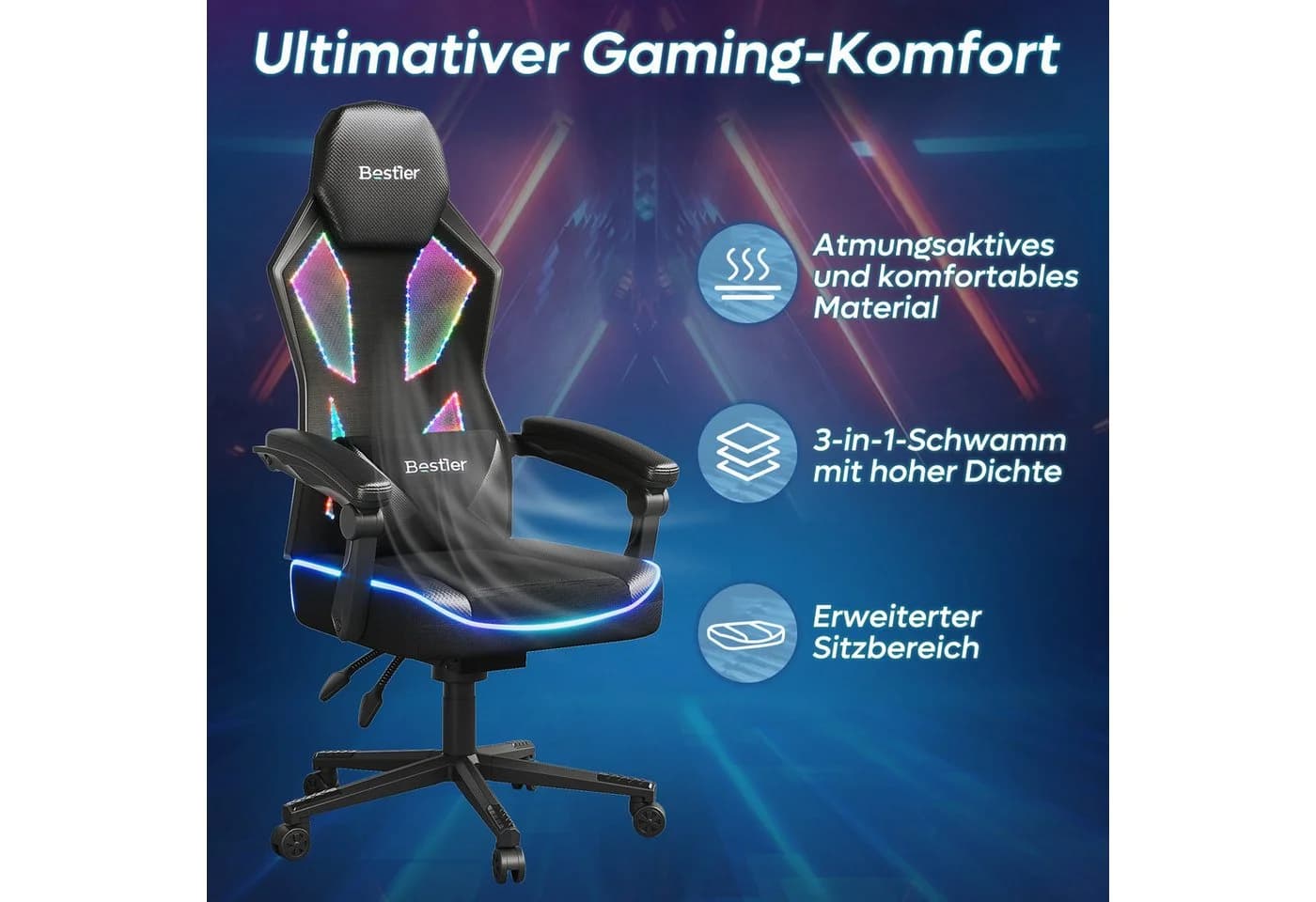 Bestier Gaming-Stuhl mit LED-Lichtleiste und Lendenwirbelstütze - Bild 4