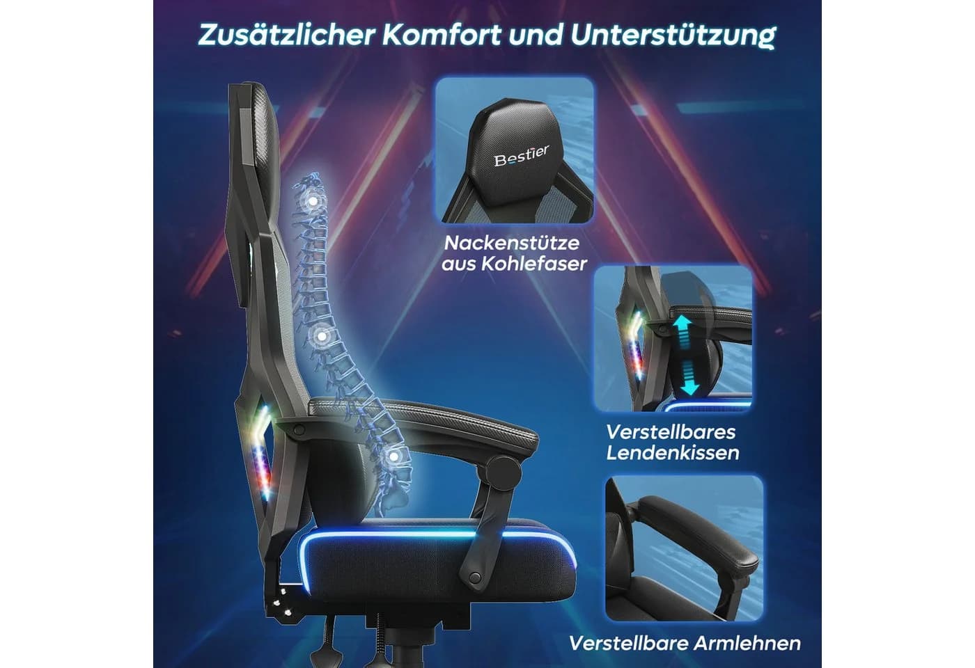 Bestier Gaming-Stuhl mit LED-Lichtleiste und Lendenwirbelstütze - Bild 5