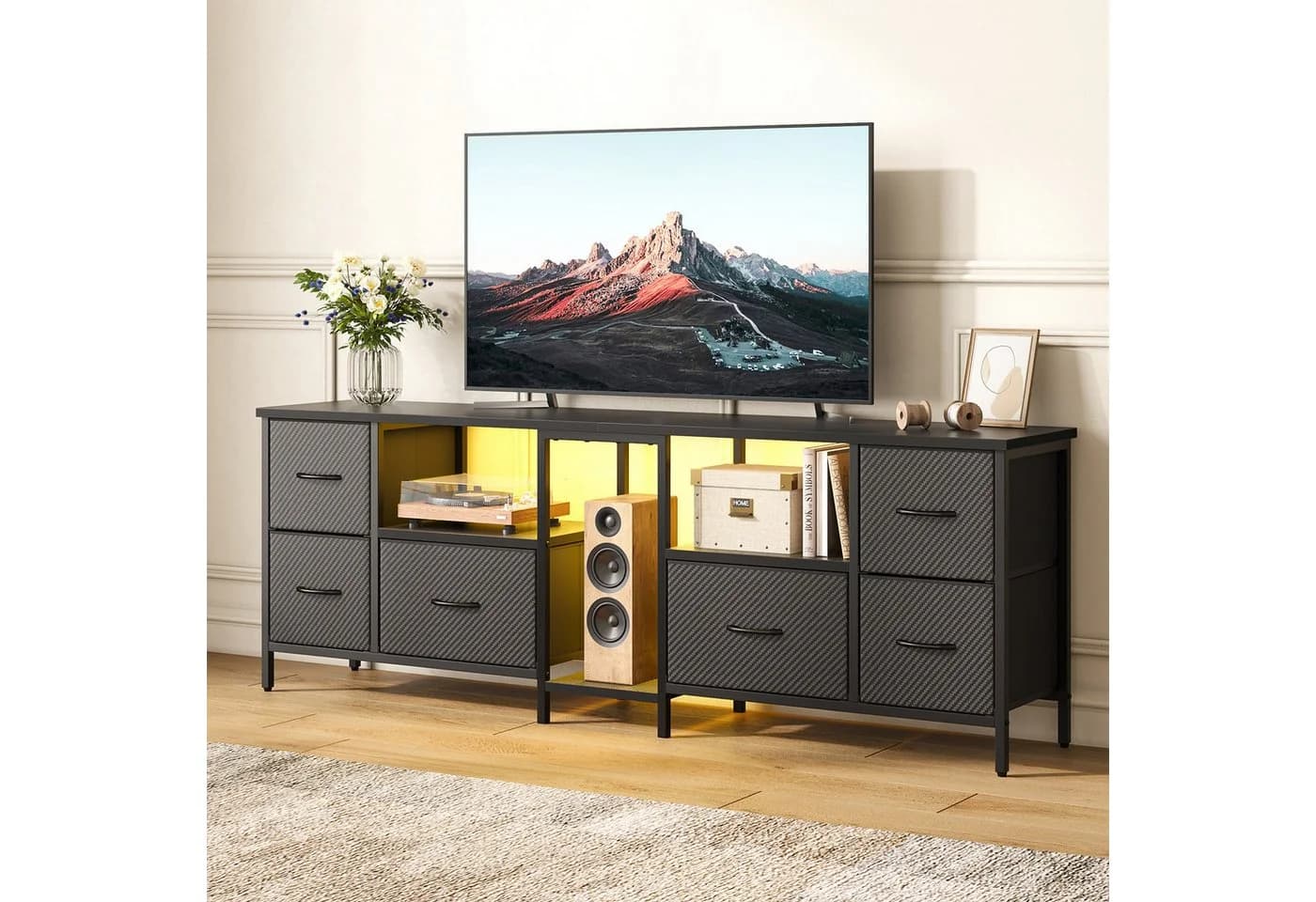 Bestier TV-Schrank mit LED-Beleuchtung und 6 Schubladen Schwarz