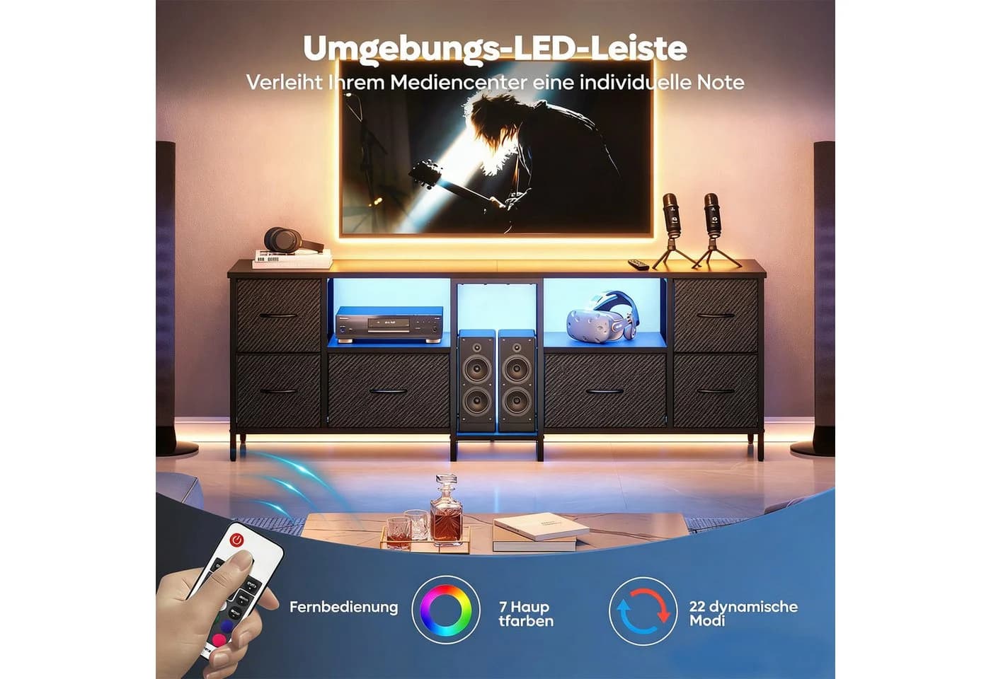 Bestier TV-Schrank mit LED-Beleuchtung und 6 Schubladen Schwarz - Bild 3