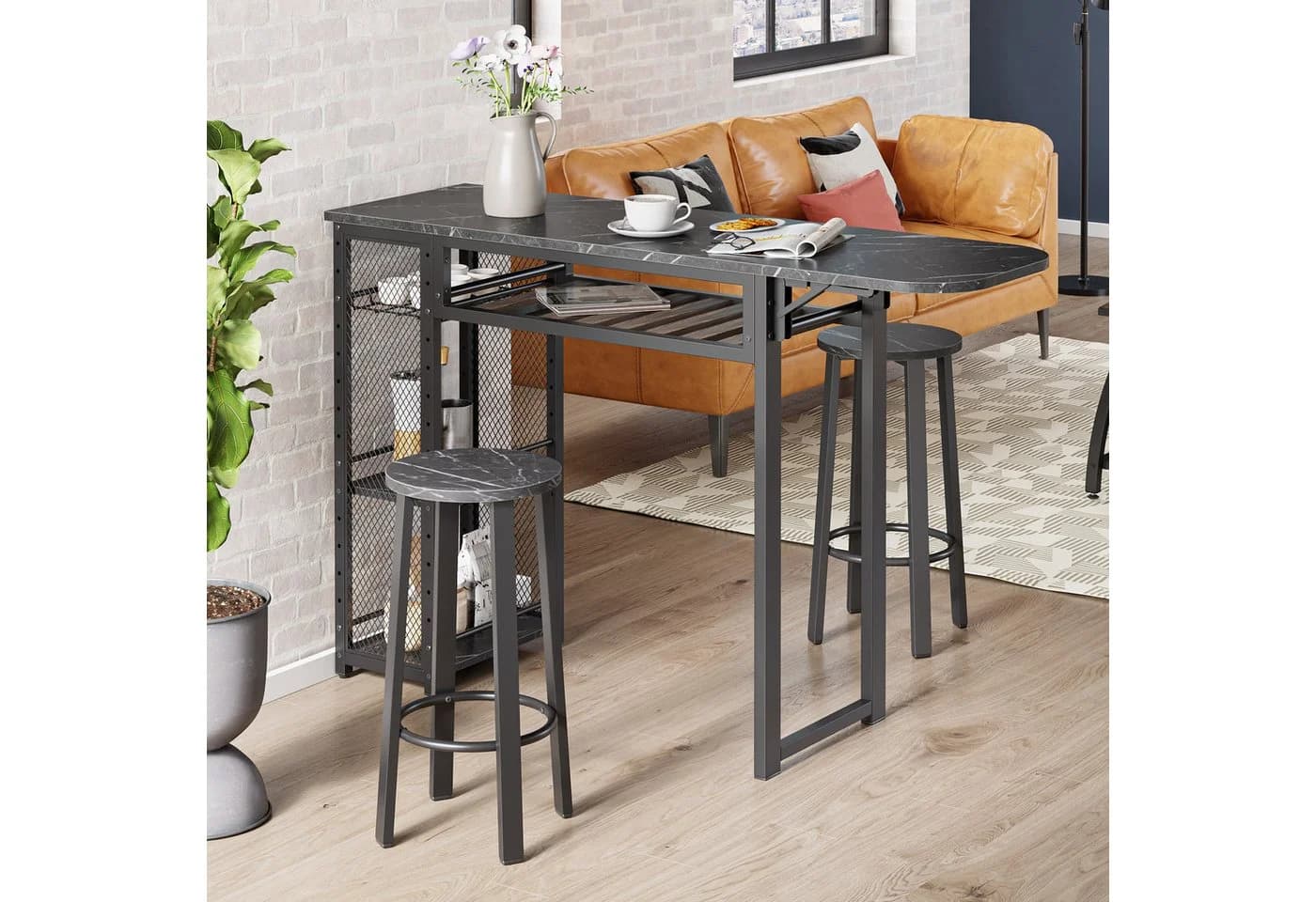 Bestier Ausziehbarer Bartisch mit 2 Hockern, Rustikales Braun, Weinregal - Bild 4
