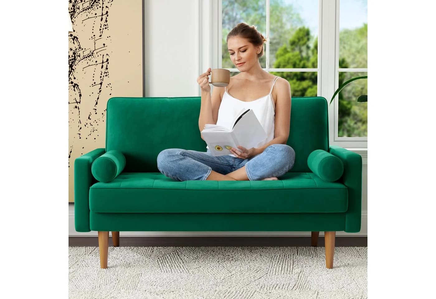 OUNUO Loveseat Sofa 121cm Grün Samtcouch mit 2 Wurfkissen