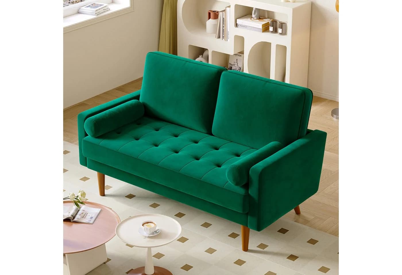 OUNUO Loveseat Sofa 121cm Grün Samtcouch mit 2 Wurfkissen - Bild 2