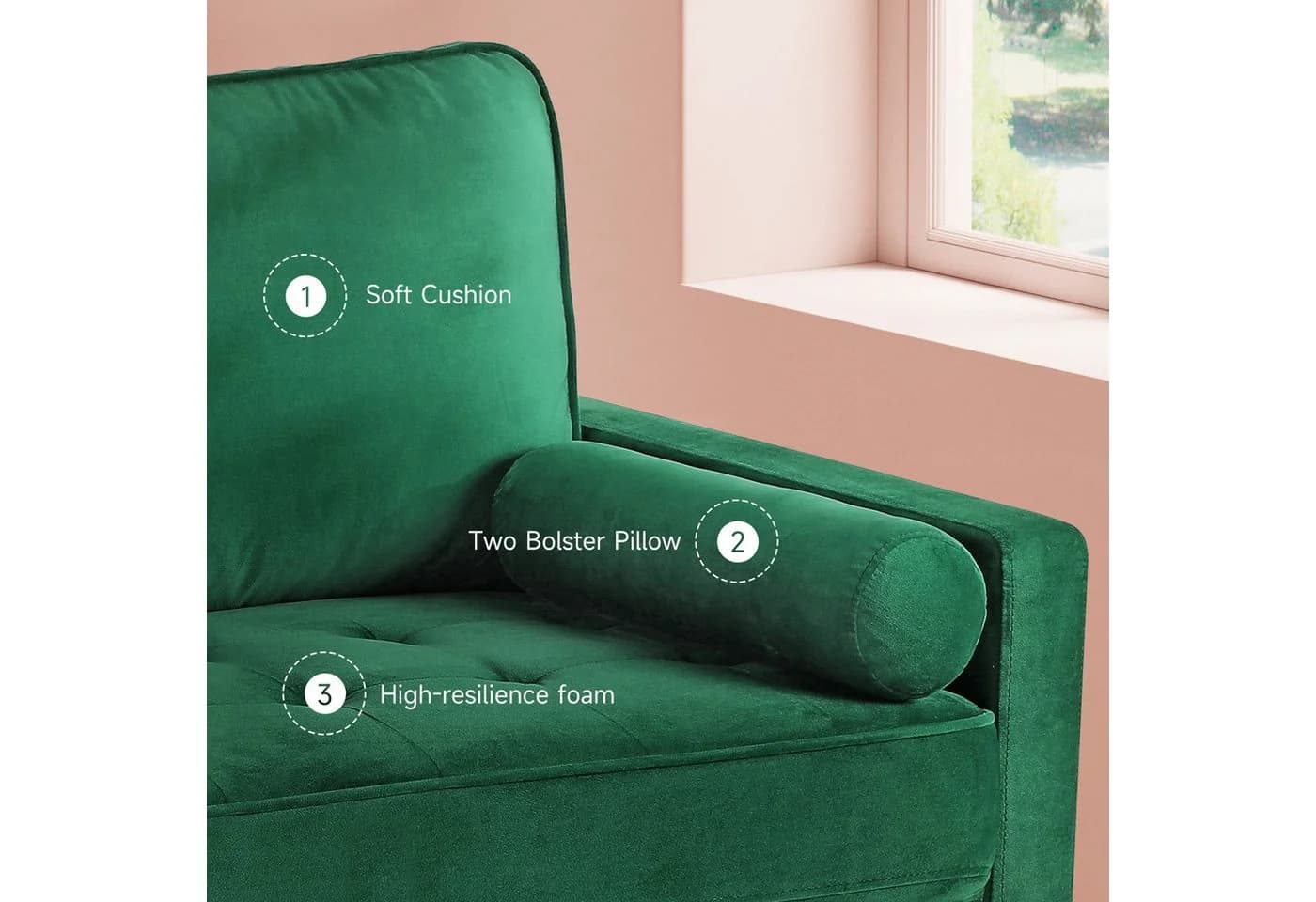 OUNUO Loveseat Sofa 121cm Grün Samtcouch mit 2 Wurfkissen - Bild 3