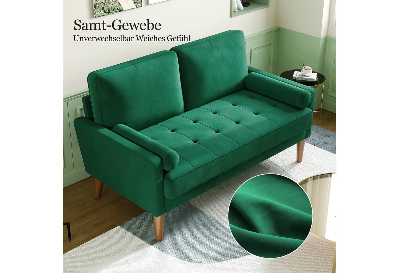 OUNUO Loveseat Sofa 121cm Grün Samtcouch mit 2 Wurfkissen - Bild 5