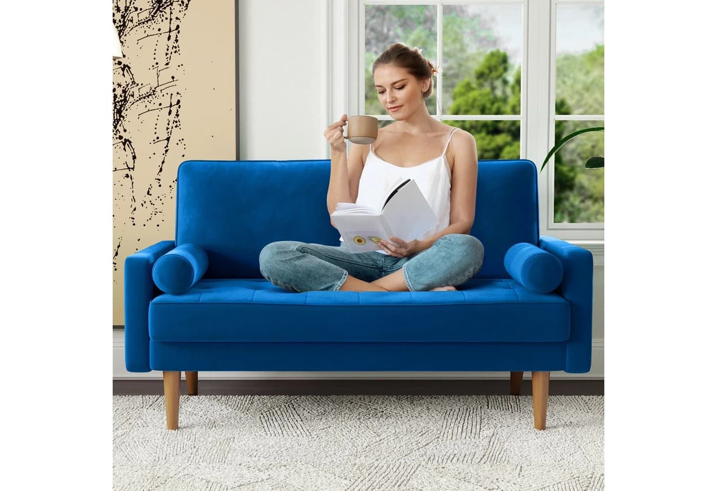 OUNUO Sofa 121cm Kleines Loveseat Sofa Blau Samt