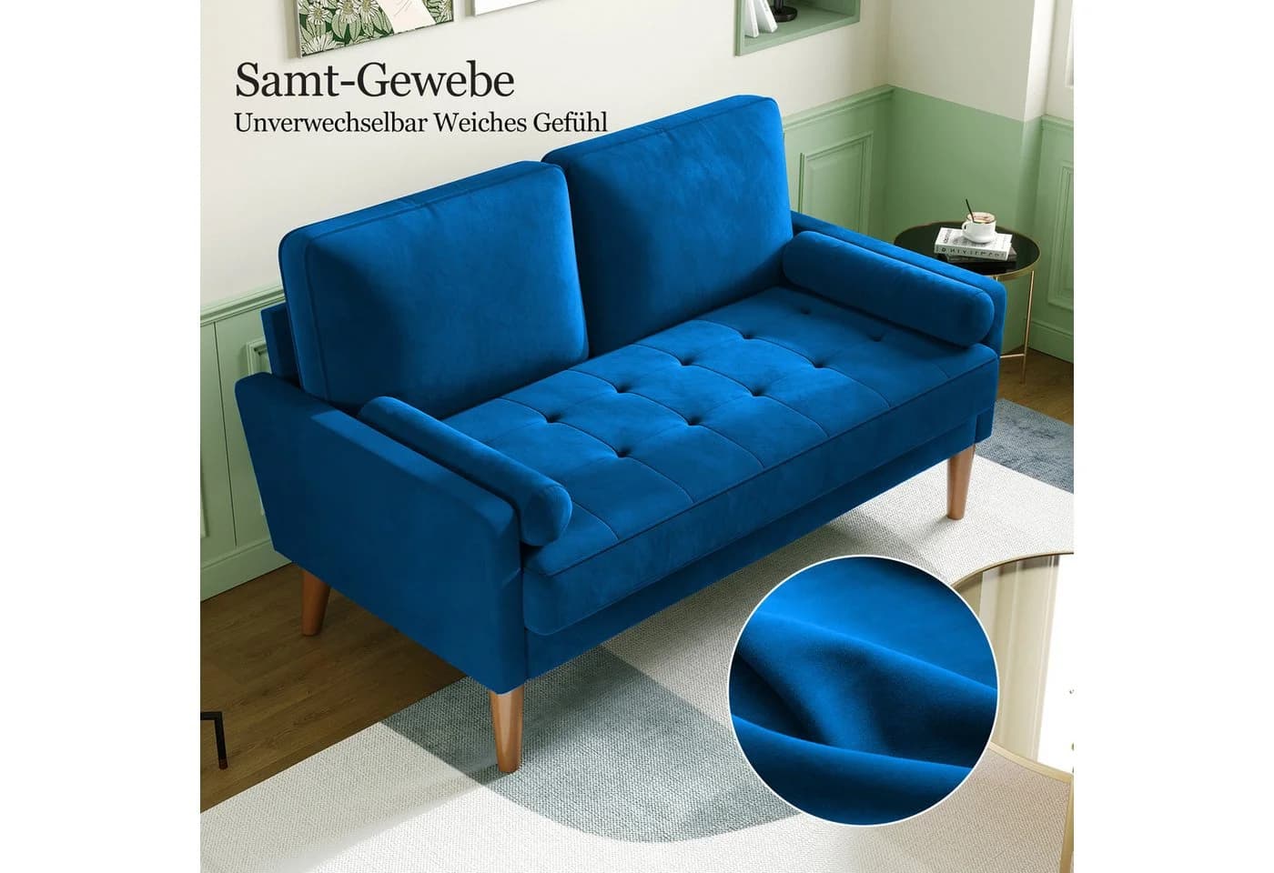 OUNUO Sofa 121cm Kleines Loveseat Sofa Blau Samt - Bild 5