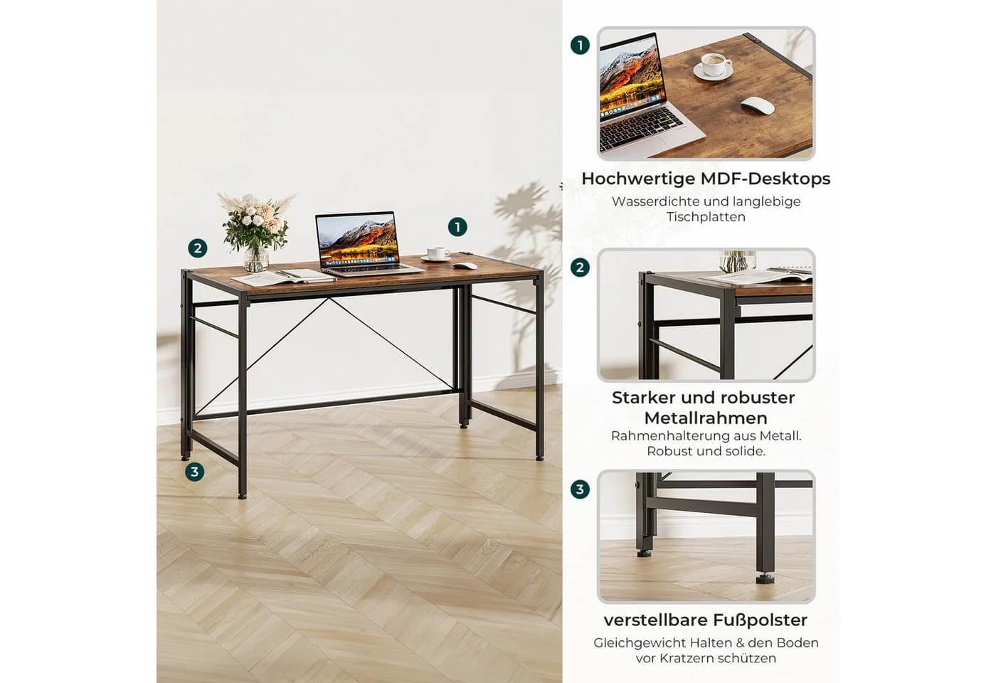 NAIMP Klapptisch Klappschreibtisch Faltbar Tisch Computertisch Platzsparend Retro-Braun - Bild 5
