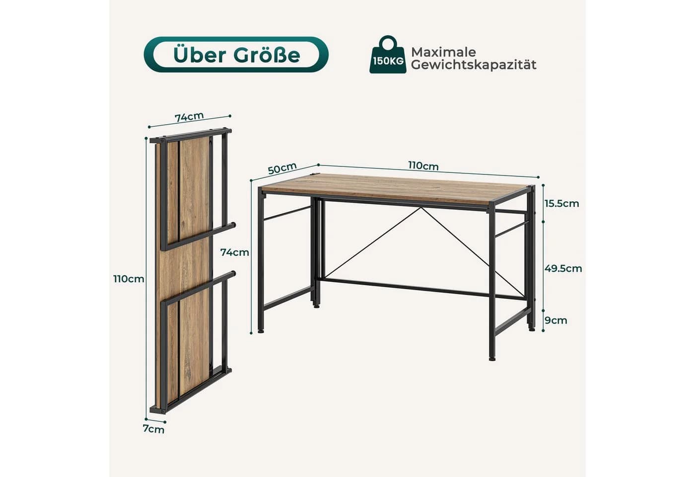 NAIMP Klapptisch Faltbar Computertisch Platzsparend Eiche - Bild 4