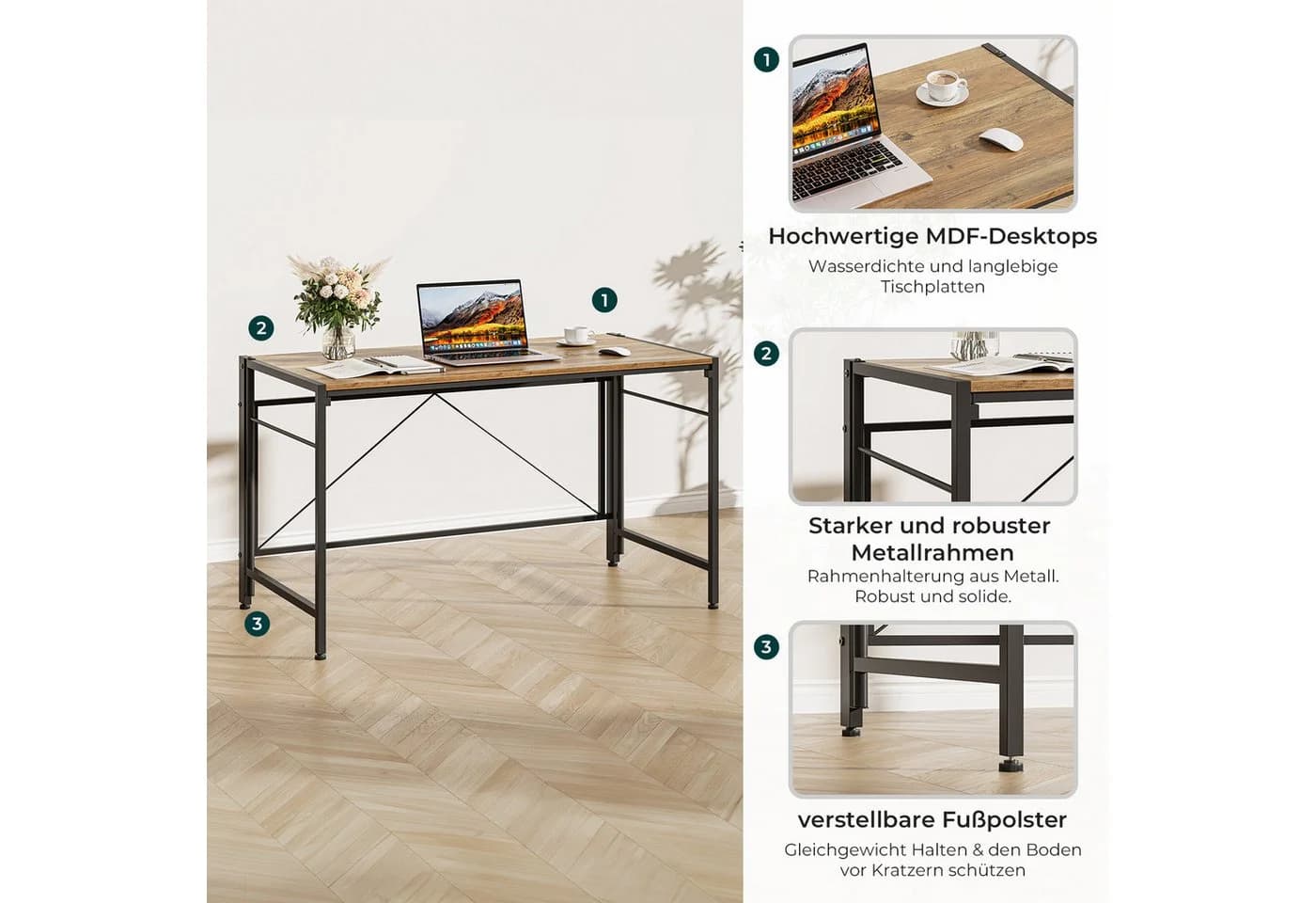 NAIMP Klapptisch Faltbar Computertisch Platzsparend Eiche - Bild 5