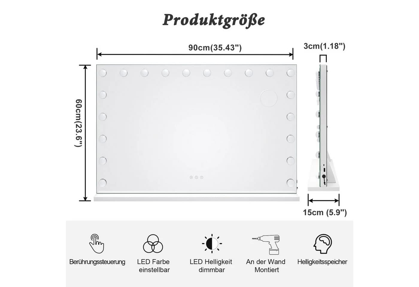 Dripex Hollywood Schminkspiegel mit LED-Beleuchtung, 3 Lichtfarben dimmbar
