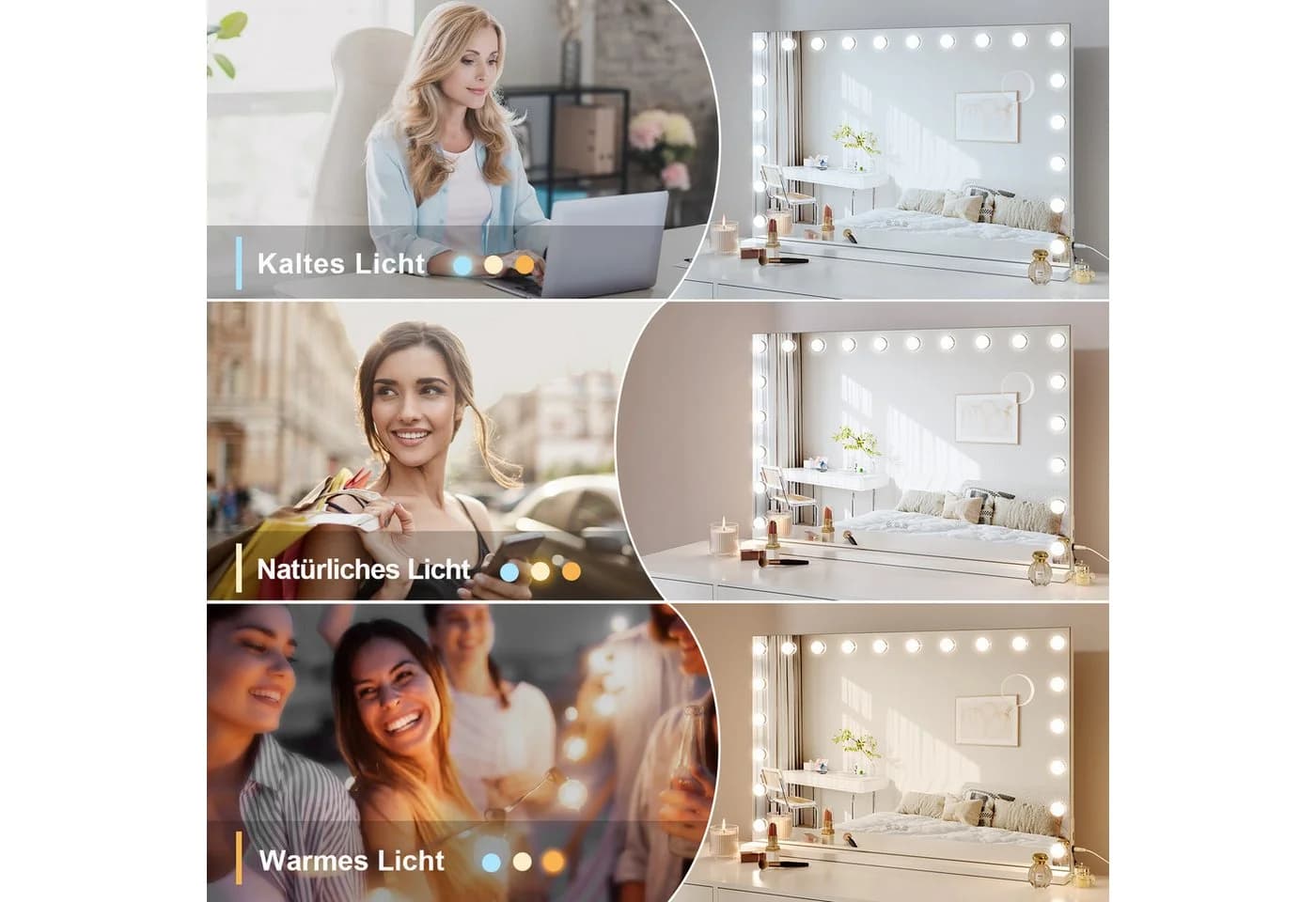 Dripex Hollywood Schminkspiegel mit LED-Beleuchtung, 3 Lichtfarben dimmbar - Bild 3