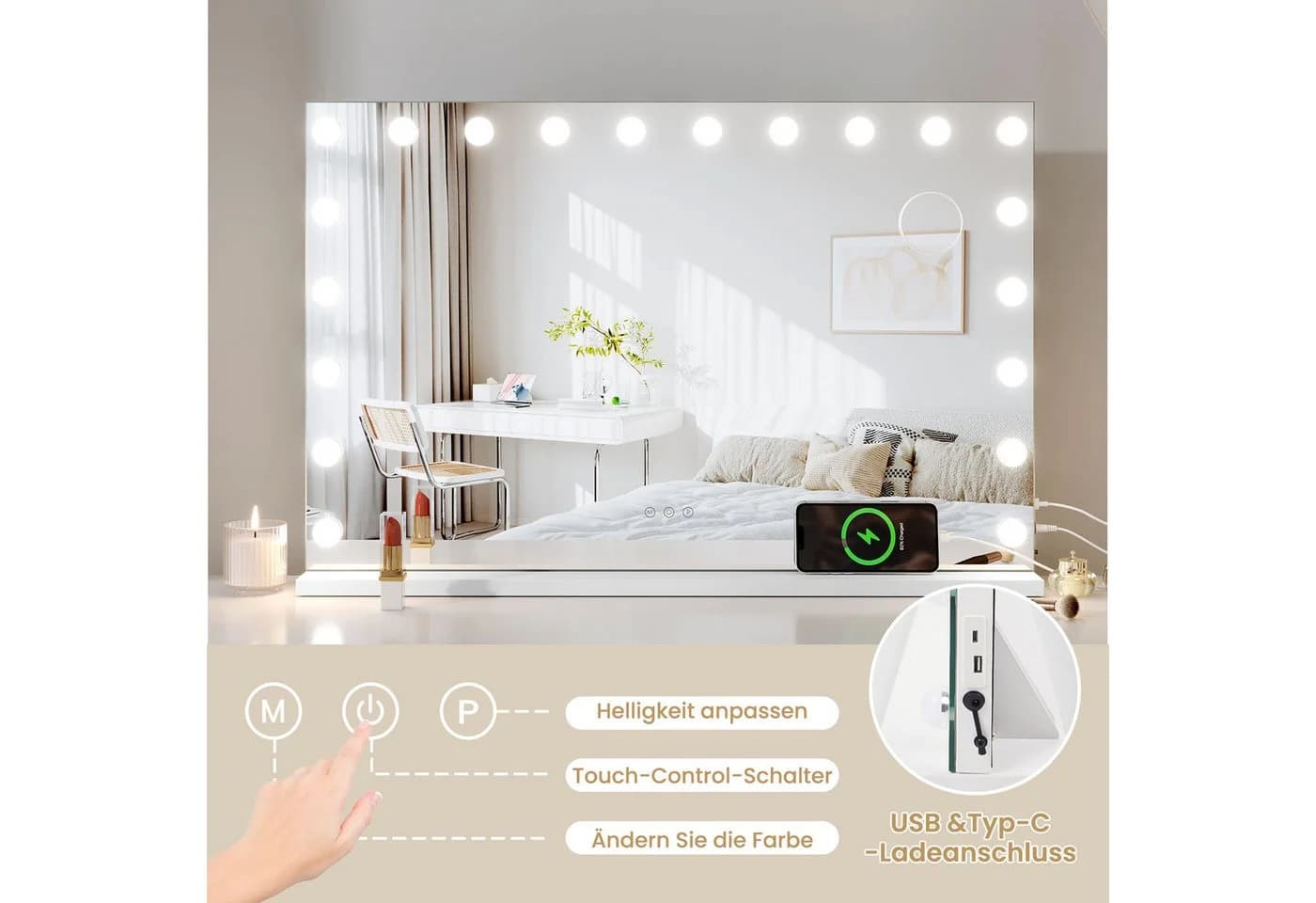 Dripex Hollywood Schminkspiegel mit LED-Beleuchtung, 3 Lichtfarben dimmbar - Bild 5