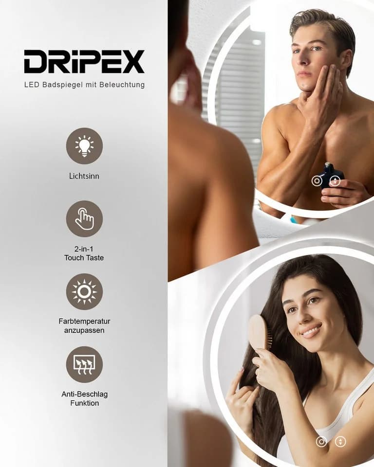 Dripex Badspiegel Rund LED mit Uhr / Bluetooth-Lautsprecher, Dimmbar, 3 Lichtfarben, Beschlagfrei - Bild 3