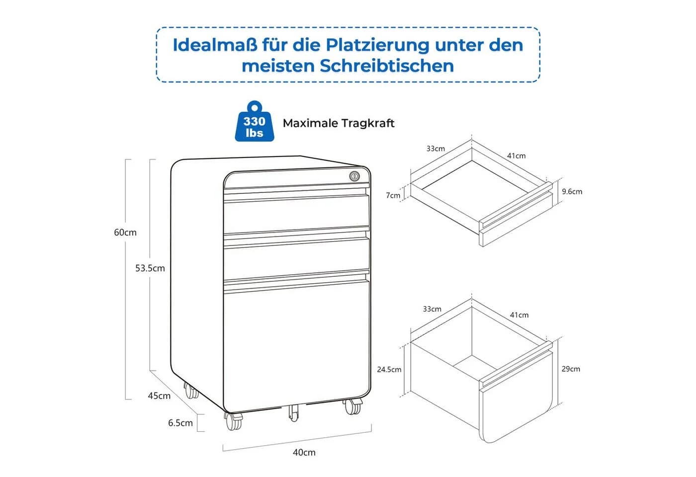 Dripex Aktenschrank Metall Rollcontainer Stahl mit 2/3 Schubladen