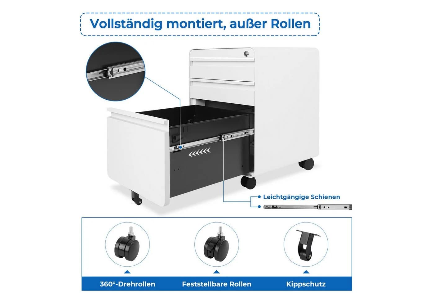 Dripex Aktenschrank Metall Rollcontainer Stahl mit 2/3 Schubladen - Bild 4