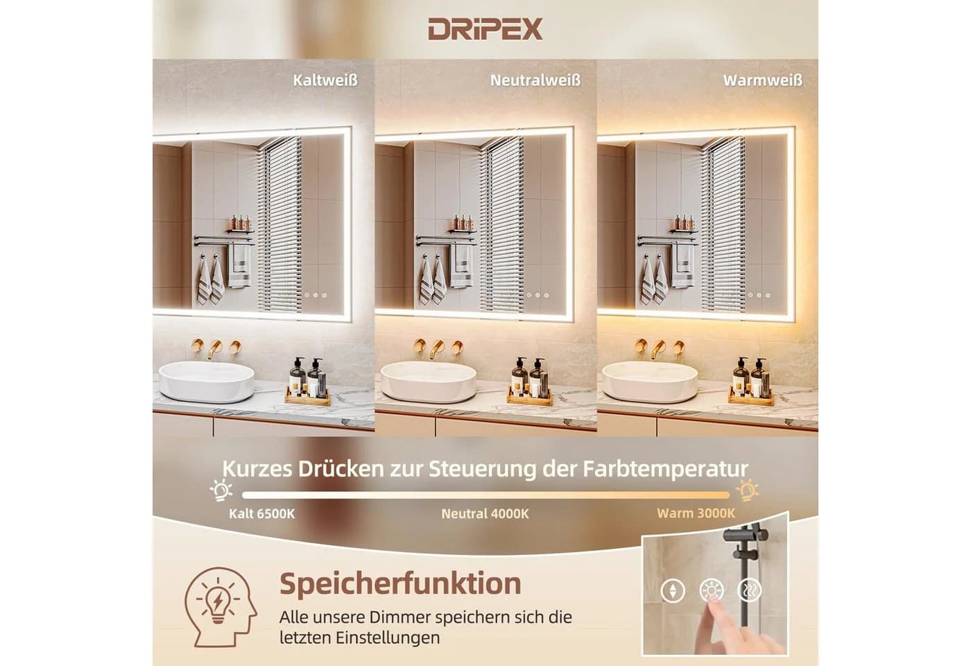 Dripex Badspiegel mit LED-Beleuchtung, Dimmbar & Antibeschlag