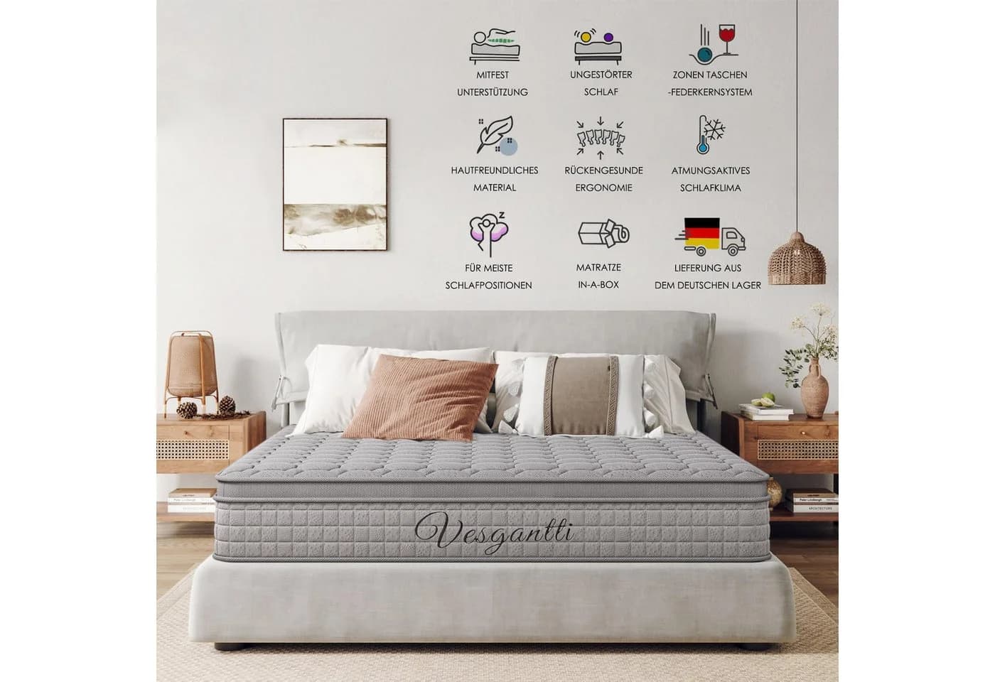 Taschenfederkernmatratze 7-Zonen Matratze 30 cm hoch H3 Hybridmatratze Grau TT1, Vesgantti