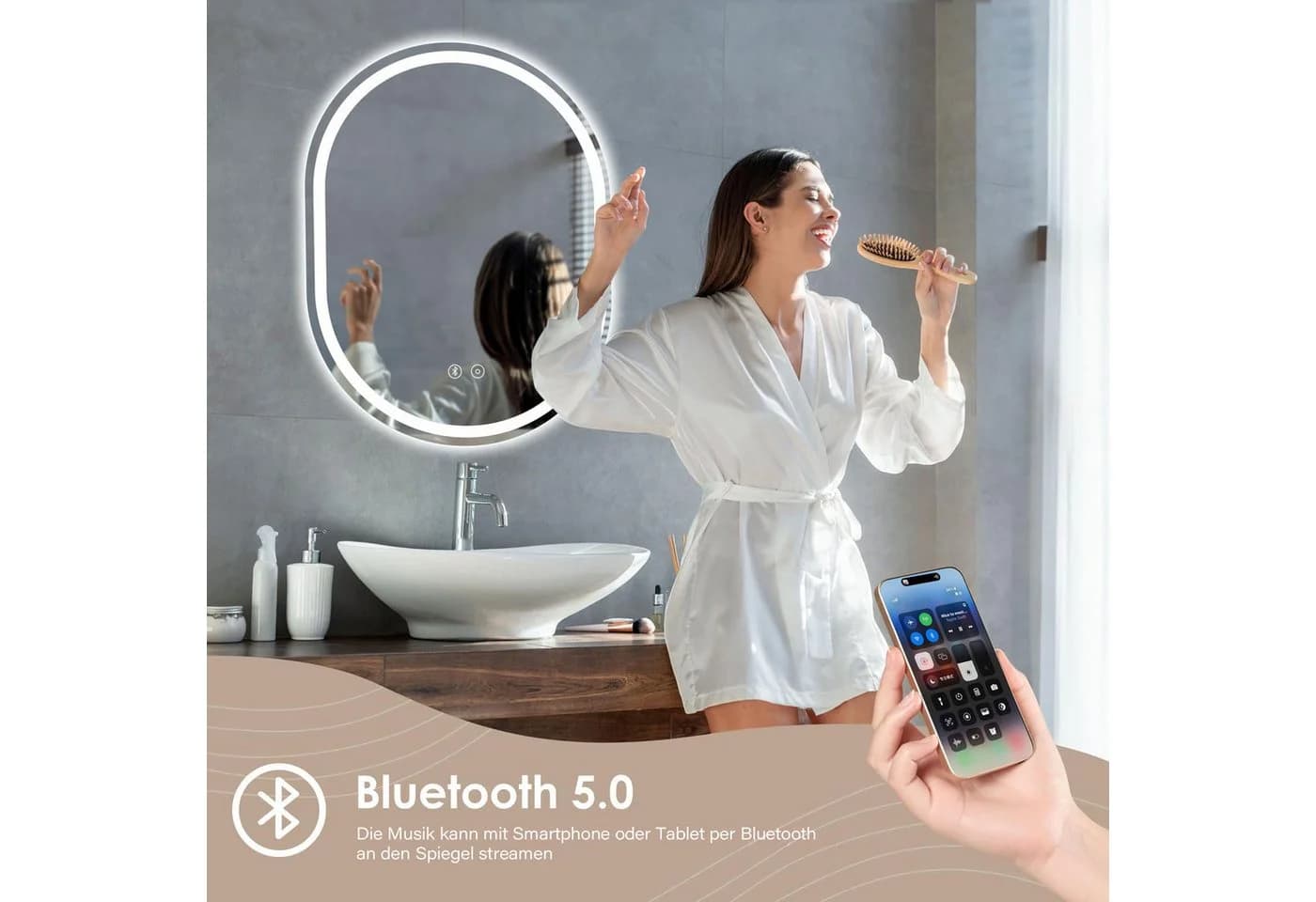 Dripex Badspiegel LED Oval mit Uhr und Bluetooth