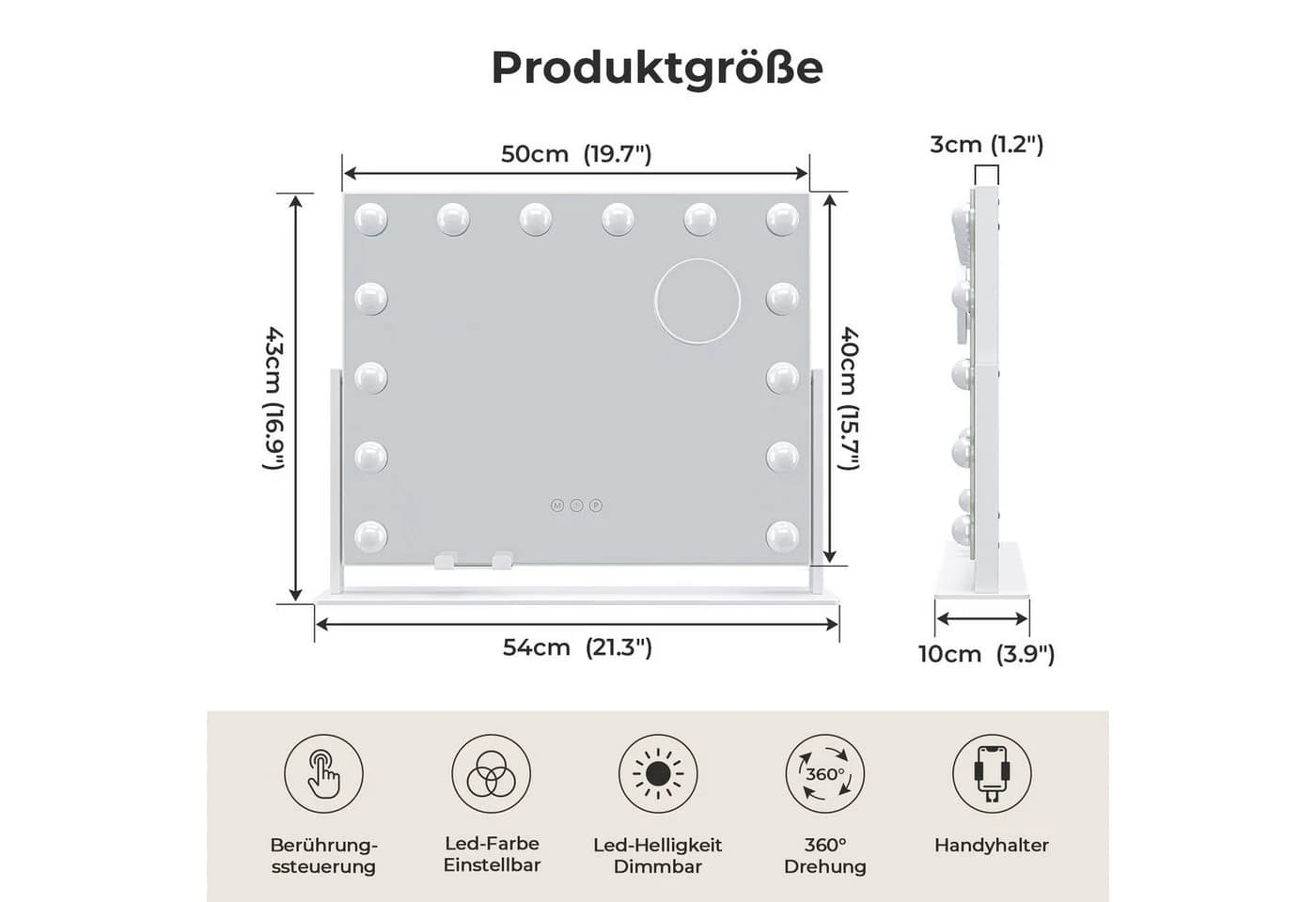 Dripex Schminkspiegel Hollywood mit LED, 3 Lichtfarben & Dimmfunktion