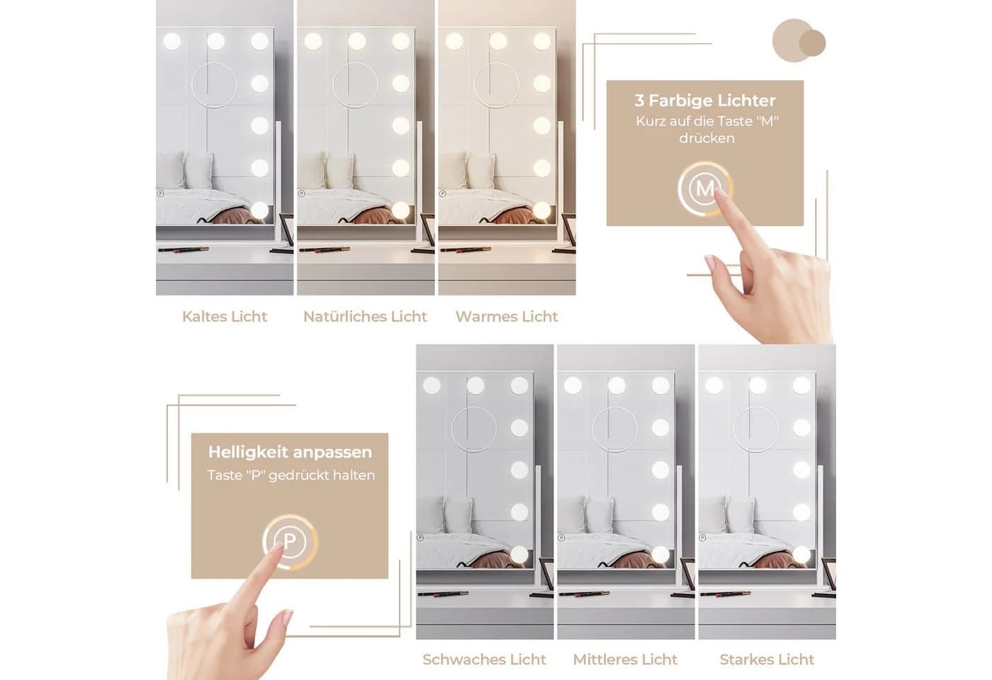 Dripex Schminkspiegel Hollywood mit LED, 3 Lichtfarben & Dimmfunktion - Bild 3