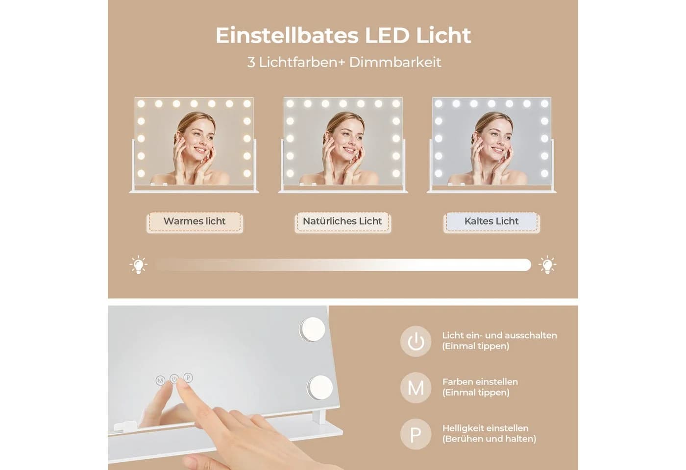 Dripex Schminkspiegel Hollywood mit LED, 3 Lichtfarben & Dimmfunktion