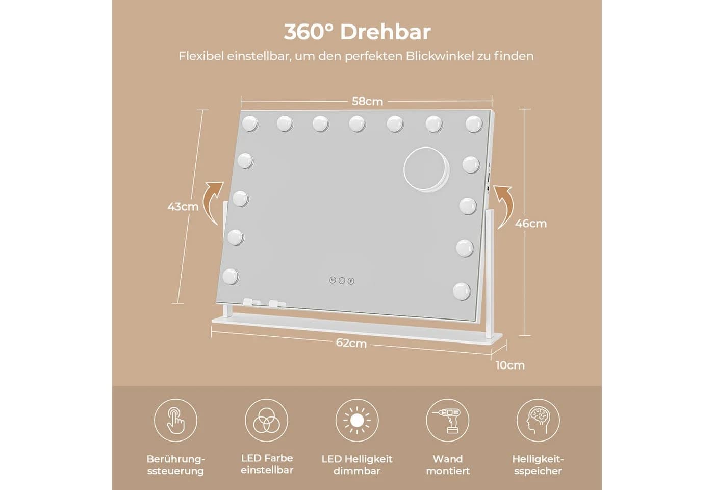 Dripex Schminkspiegel Hollywood mit LED, 3 Lichtfarben & Dimmfunktion - Bild 3