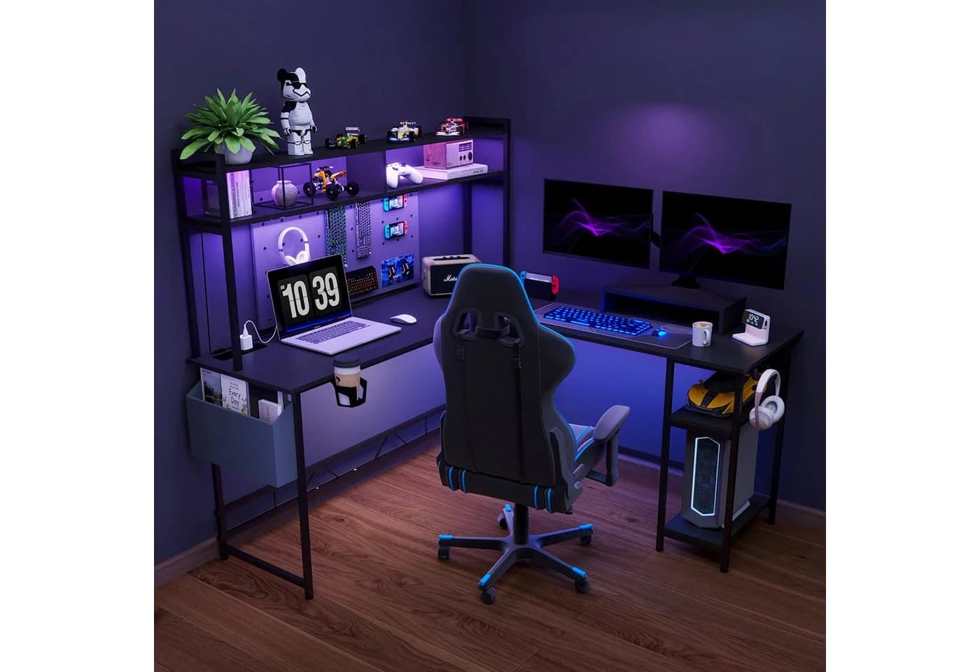 SANODESK Gaming Tisch L-Form mit LED, Steckdosen & USB