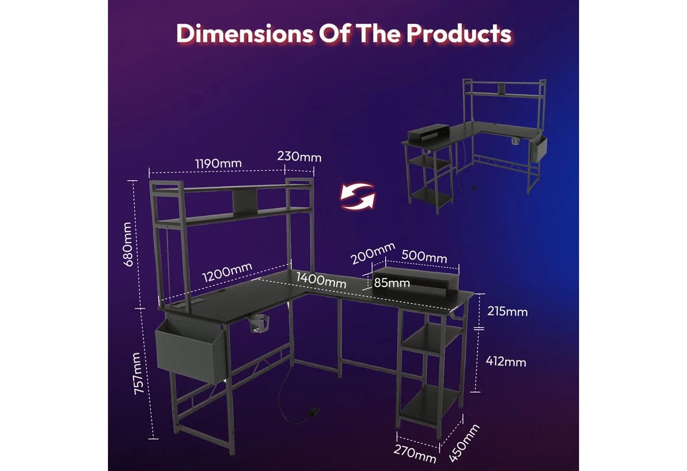 SANODESK Gaming Tisch L-Form mit LED, Steckdosen & USB - Bild 4