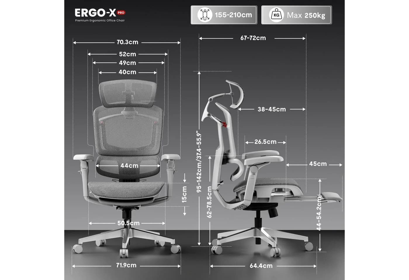 FLEXISPOT Bürostuhl ErgoX, Schreibtischstuhl Premium Ergonomischer mit 7D-Armlehnen, 5D-Lendenstütze, 4D-Kopfstütze, Netzsitz, 250 kg Belastbarkeit