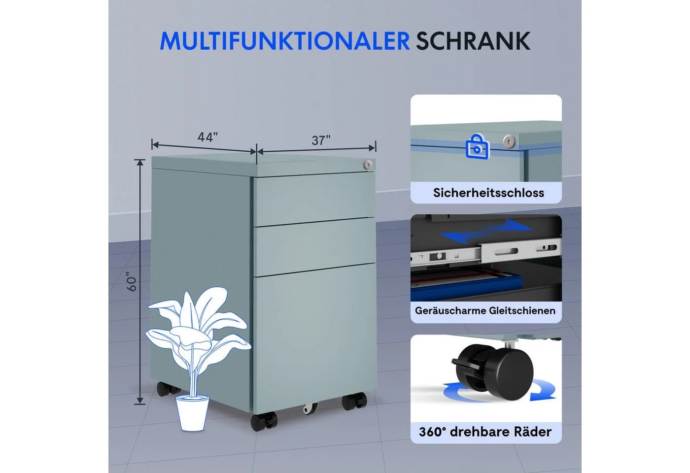 FLEXISPOT Rollcontainer mit Schloss, 3 Schubladen, Stahl, Grau/Schwarz/Weiß