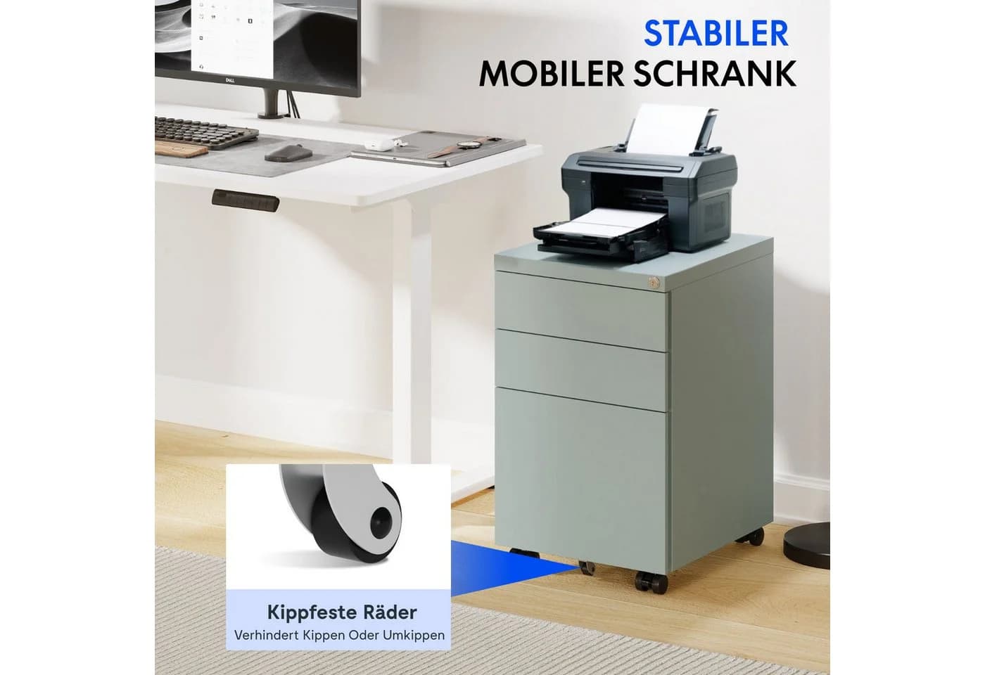 FLEXISPOT Rollcontainer mit Schloss, 3 Schubladen, Stahl, Grau/Schwarz/Weiß - Bild 3
