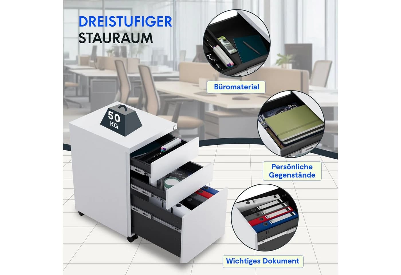 FLEXISPOT Rollcontainer Aufbewahrungsschrank mit Schloss, 3 Schubladen, Schwarz - Bild 4