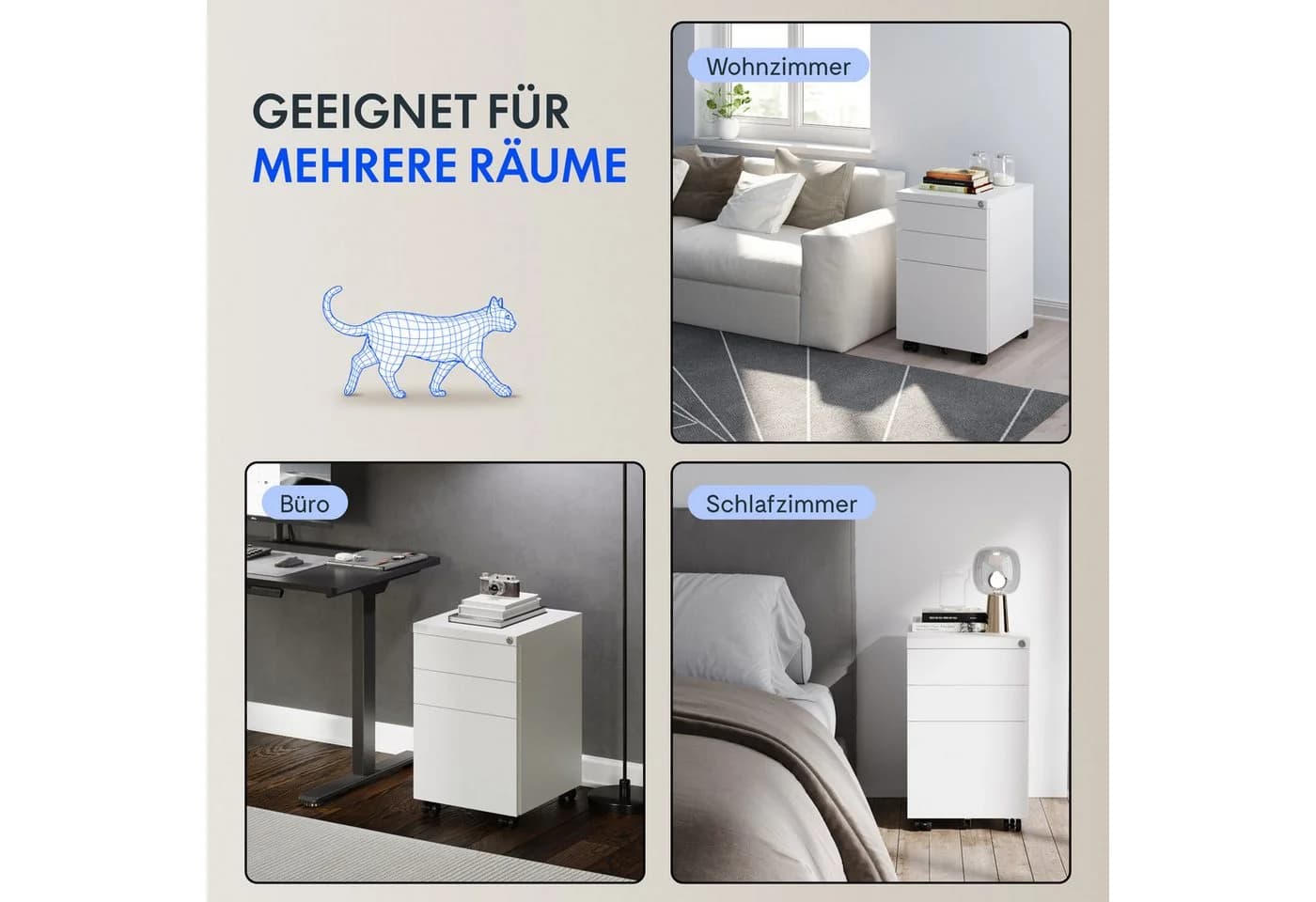 FLEXISPOT Rollcontainer Aufbewahrungsschrank mit Schloss, 3 Schubladen, Schwarz - Bild 5
