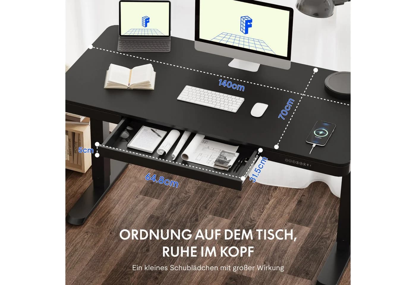 FLEXISPOT Höhenverstellbarer Schreibtisch mit Schubladen, LED-Höhenanzeige, 4 Speicherhöhen, Schwarz - Bild 4