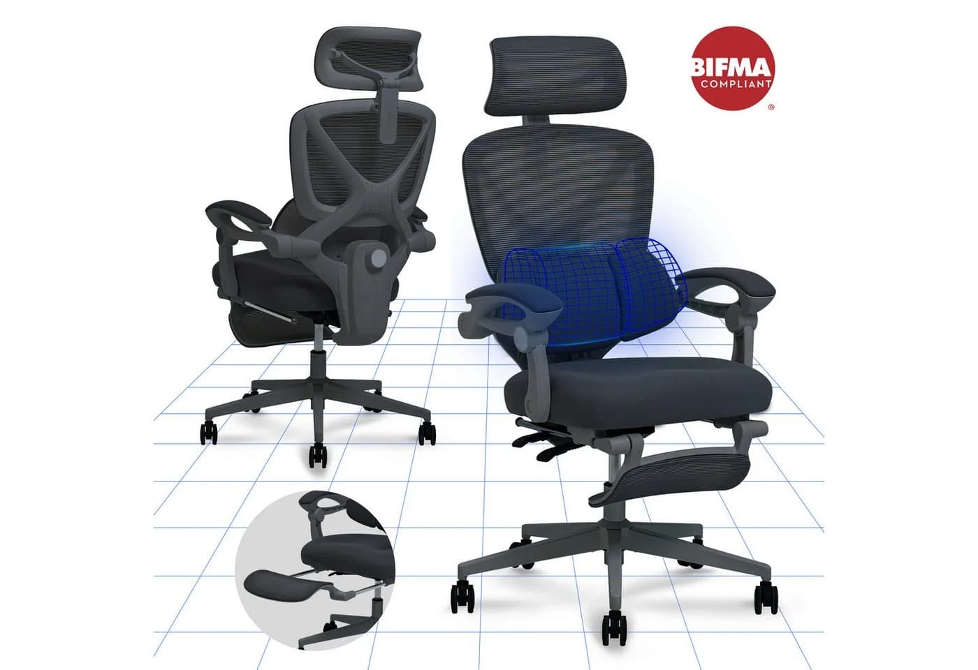 FLEXISPOT Drehstuhl Ergonomischer Bürostuhl 135° Rückenlehne 3D-Kopfstütze Schwarz - Bild 2