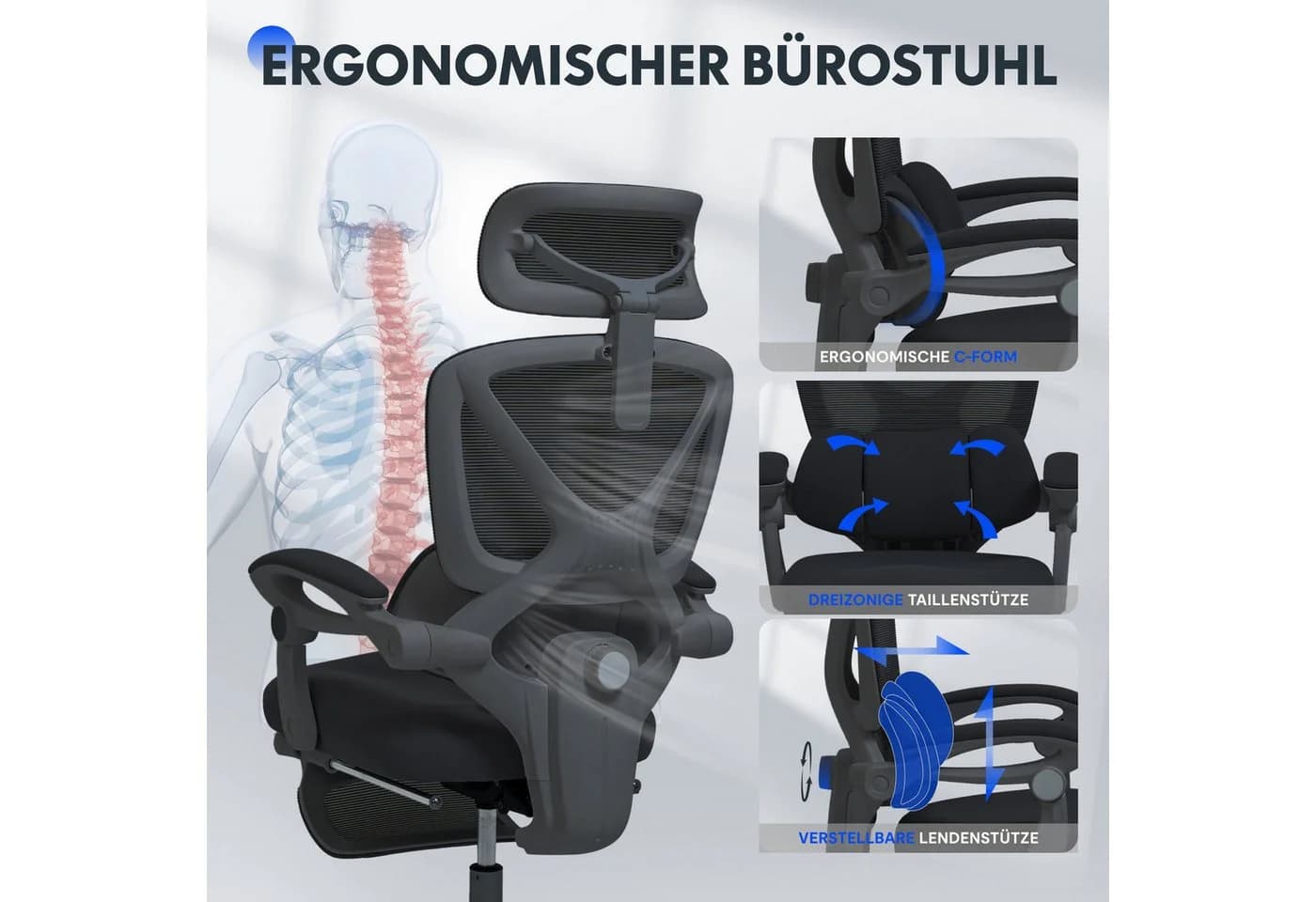 FLEXISPOT Drehstuhl Ergonomischer Bürostuhl 135° Rückenlehne 3D-Kopfstütze Schwarz - Bild 5