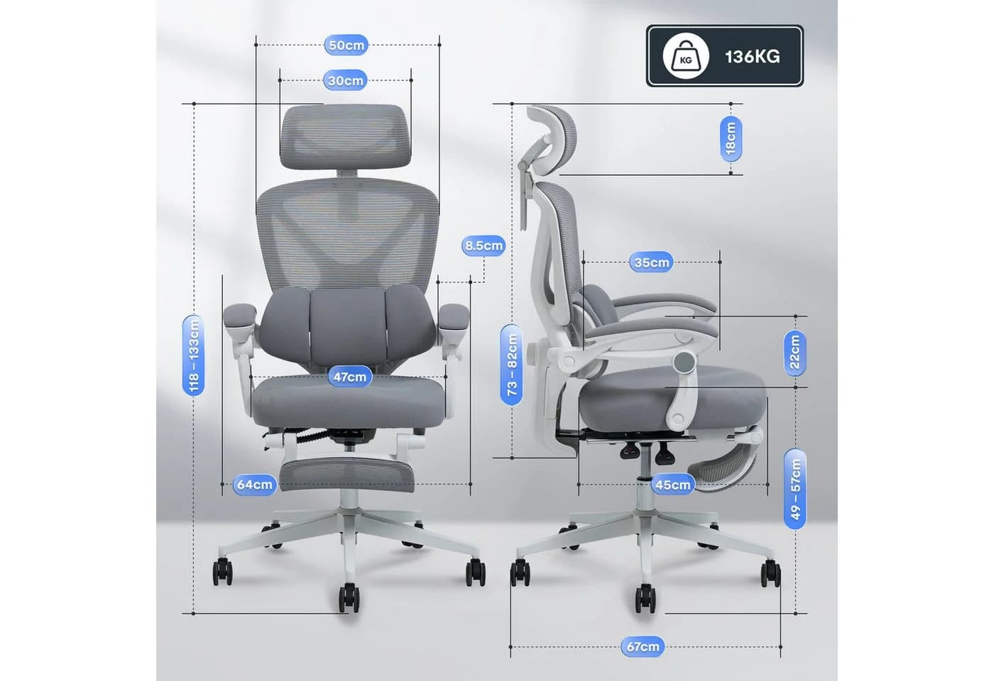 FLEXISPOT Drehstuhl Ergonomischer Bürostuhl mit X-Design 135° Rückenlehne 3D-Kopfstütze - Bild 4
