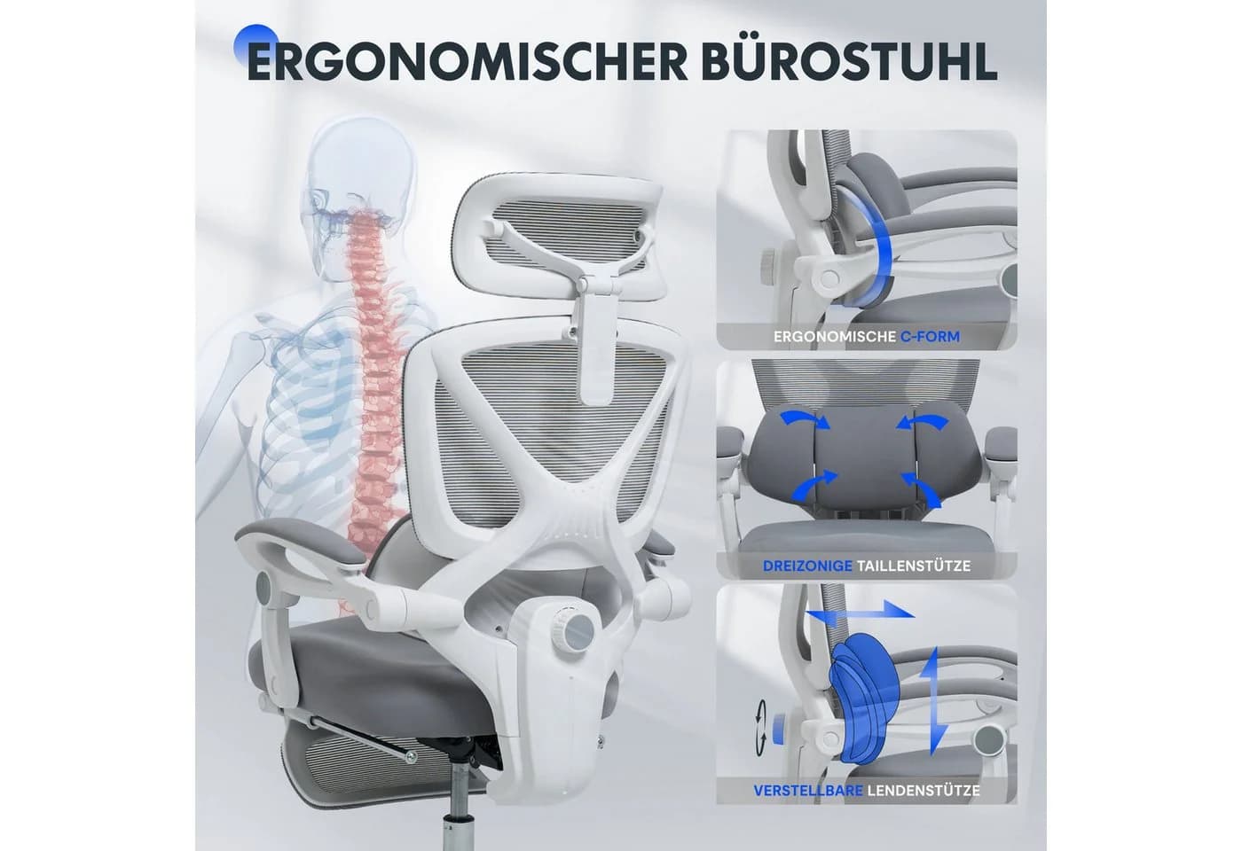 FLEXISPOT Drehstuhl Ergonomischer Bürostuhl mit X-Design 135° Rückenlehne 3D-Kopfstütze - Bild 5