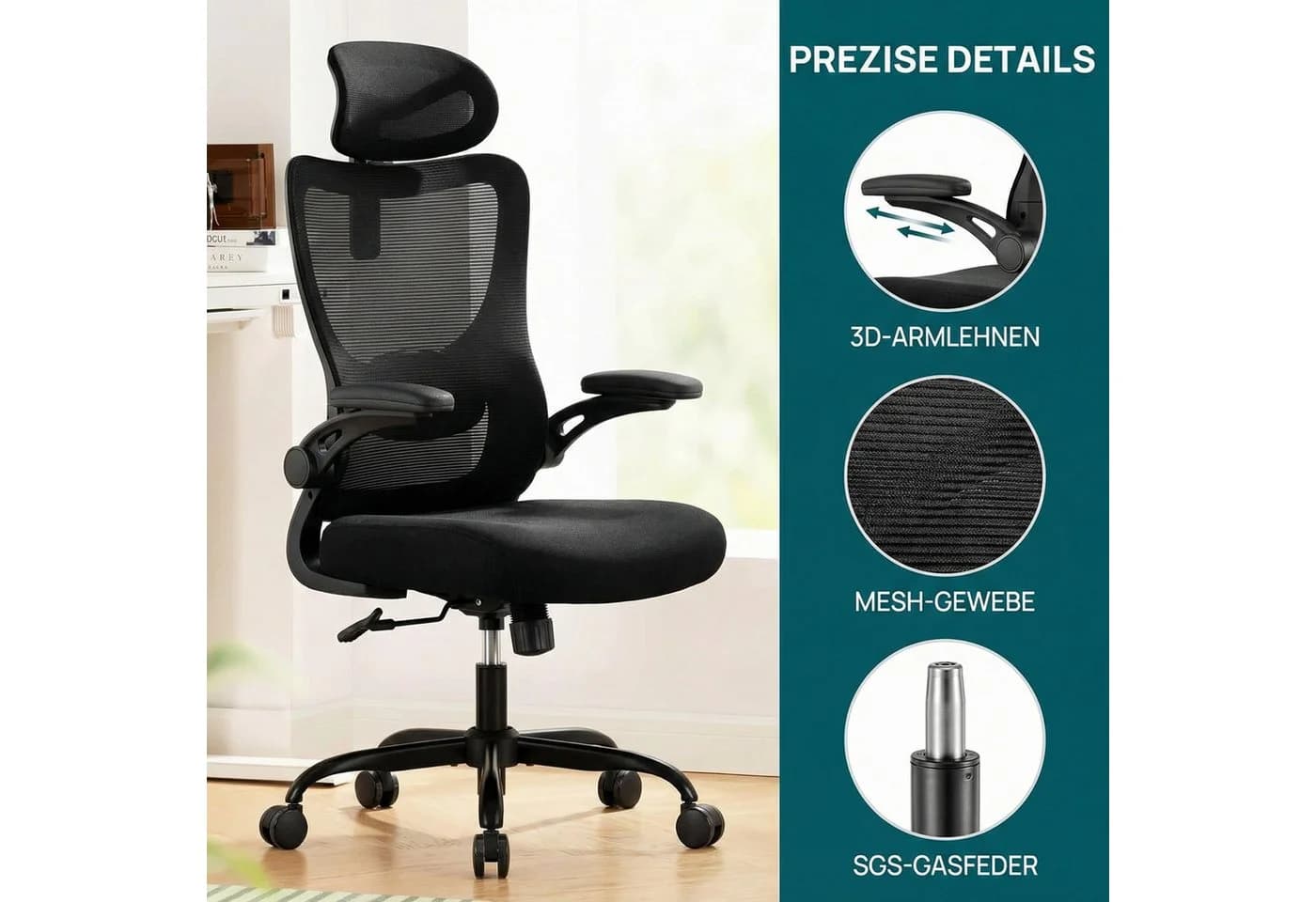 Marsail Bürostuhl Ergonomisch mit Verstellbarer Kopfstütze 3D Klappbaren Armlehnen