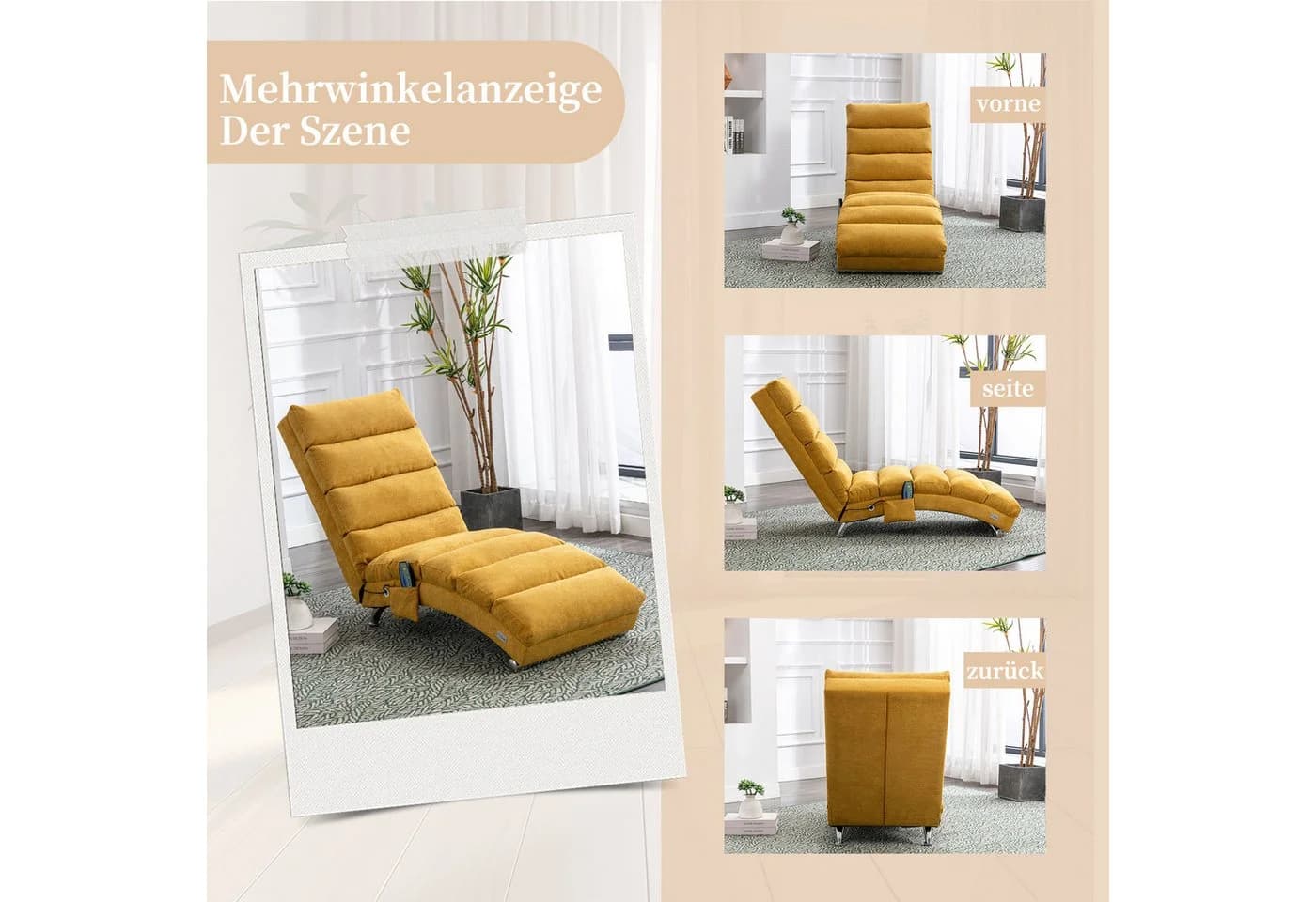 Totnz Relaxliege mit Massagefunktion und ergonomischer Rückenlehne in Gelb - Bild 3