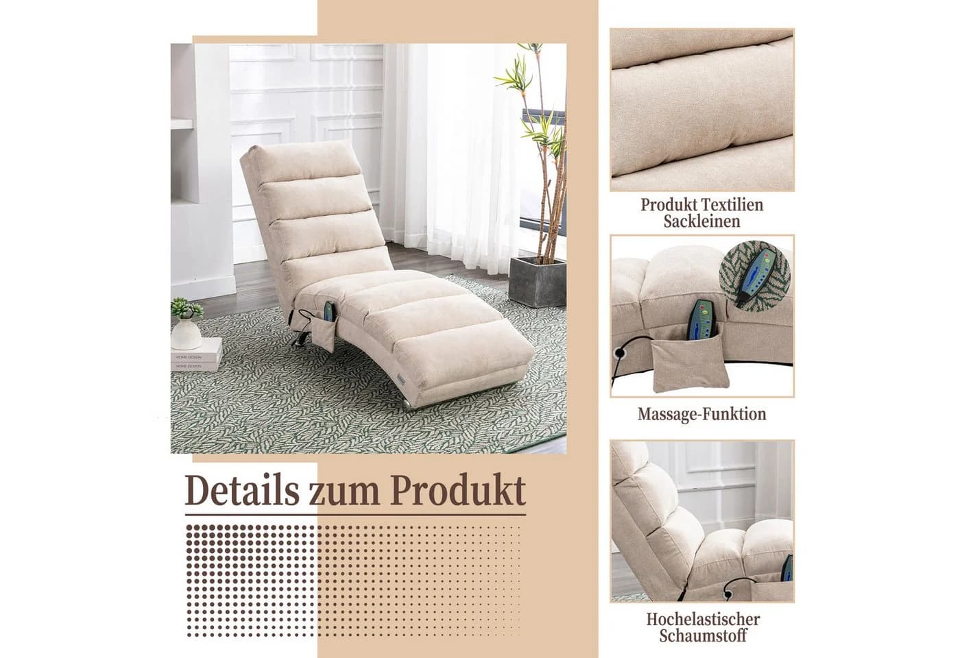Totnz Relaxliege mit Massagefunktion, Leinenbezug, ergonomische Rückenlehne 140° - Bild 3