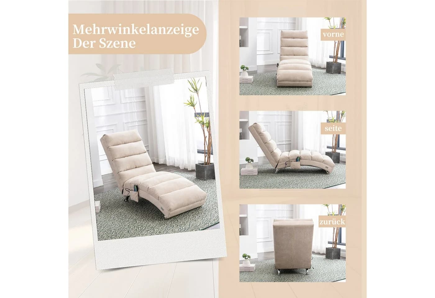 Totnz Relaxliege mit Massagefunktion, Leinenbezug, ergonomische Rückenlehne 140° - Bild 4